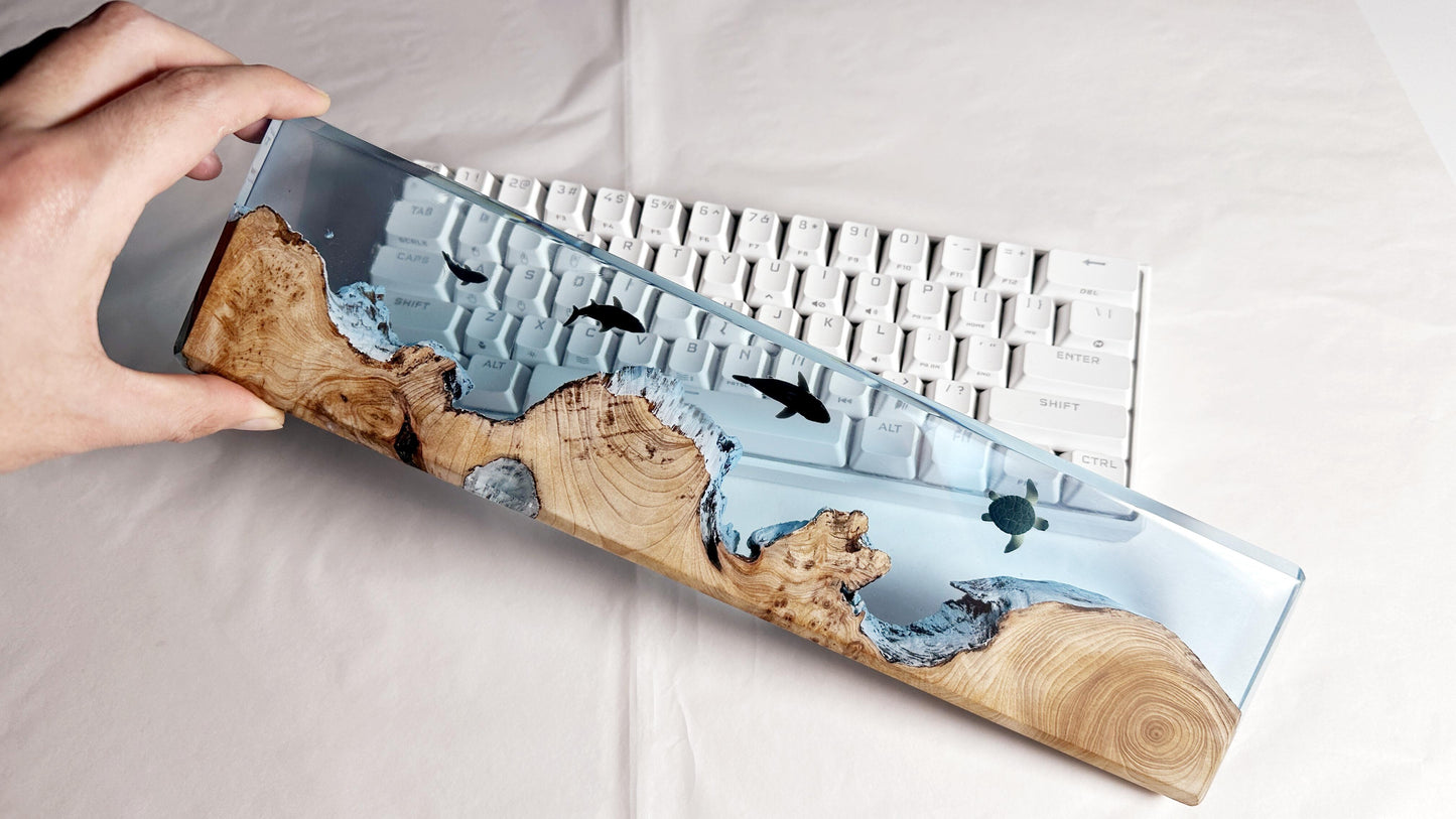 Sharks Turtles Wrist Rest, Cedar Wood Resin Wrist Rest, Custom Artisan Keyboard Wrist Rest, Blue Ocean Cave Wrist Rest, Desk Decor Gift. - HiJenney