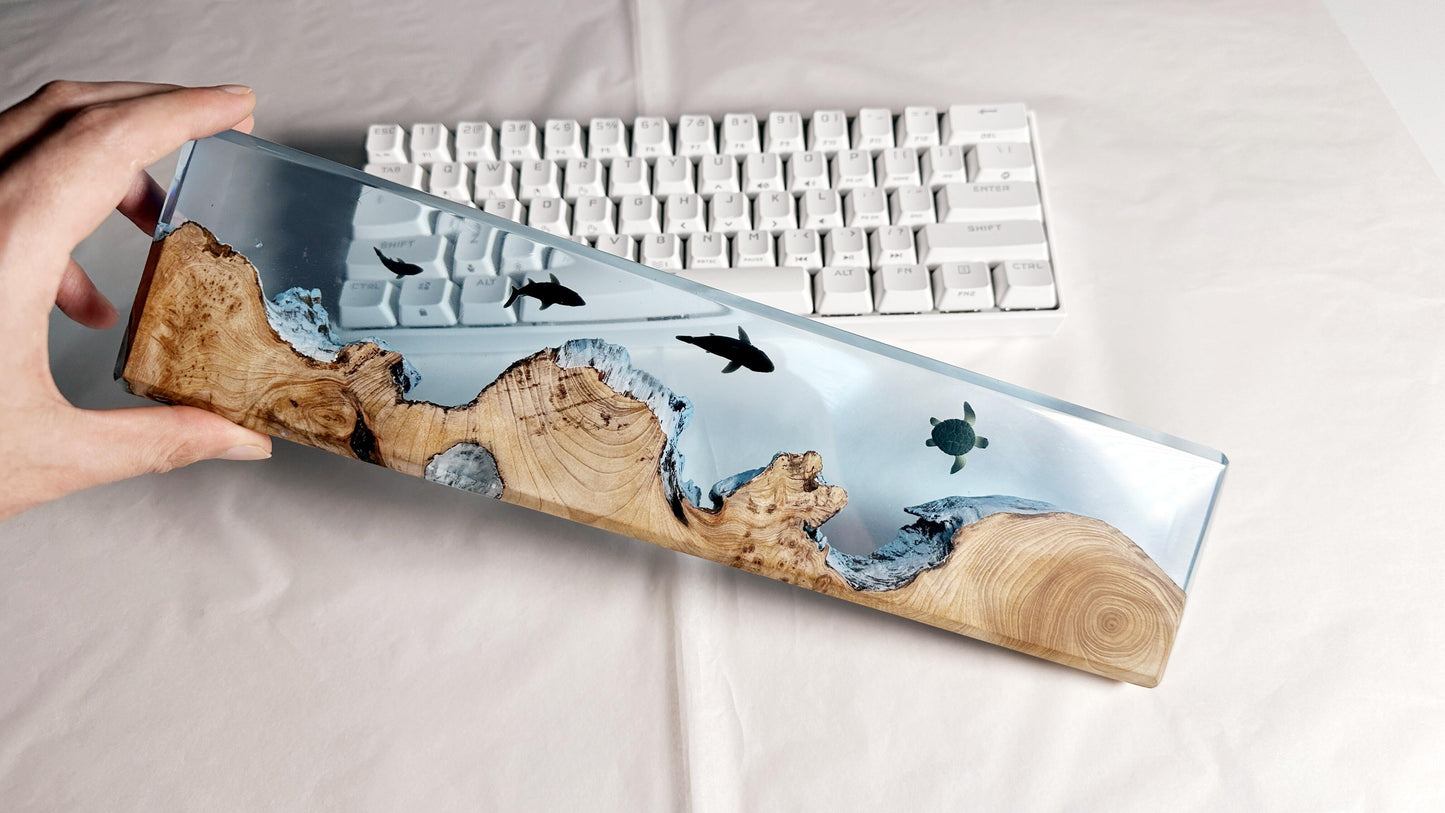 Sharks Turtles Wrist Rest, Cedar Wood Resin Wrist Rest, Custom Artisan Keyboard Wrist Rest, Blue Ocean Cave Wrist Rest, Desk Decor Gift. - HiJenney