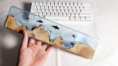 Sharks Turtles Wrist Rest, Cedar Wood Resin Wrist Rest, Custom Artisan Keyboard Wrist Rest, Blue Ocean Cave Wrist Rest, Desk Decor Gift. - HiJenney