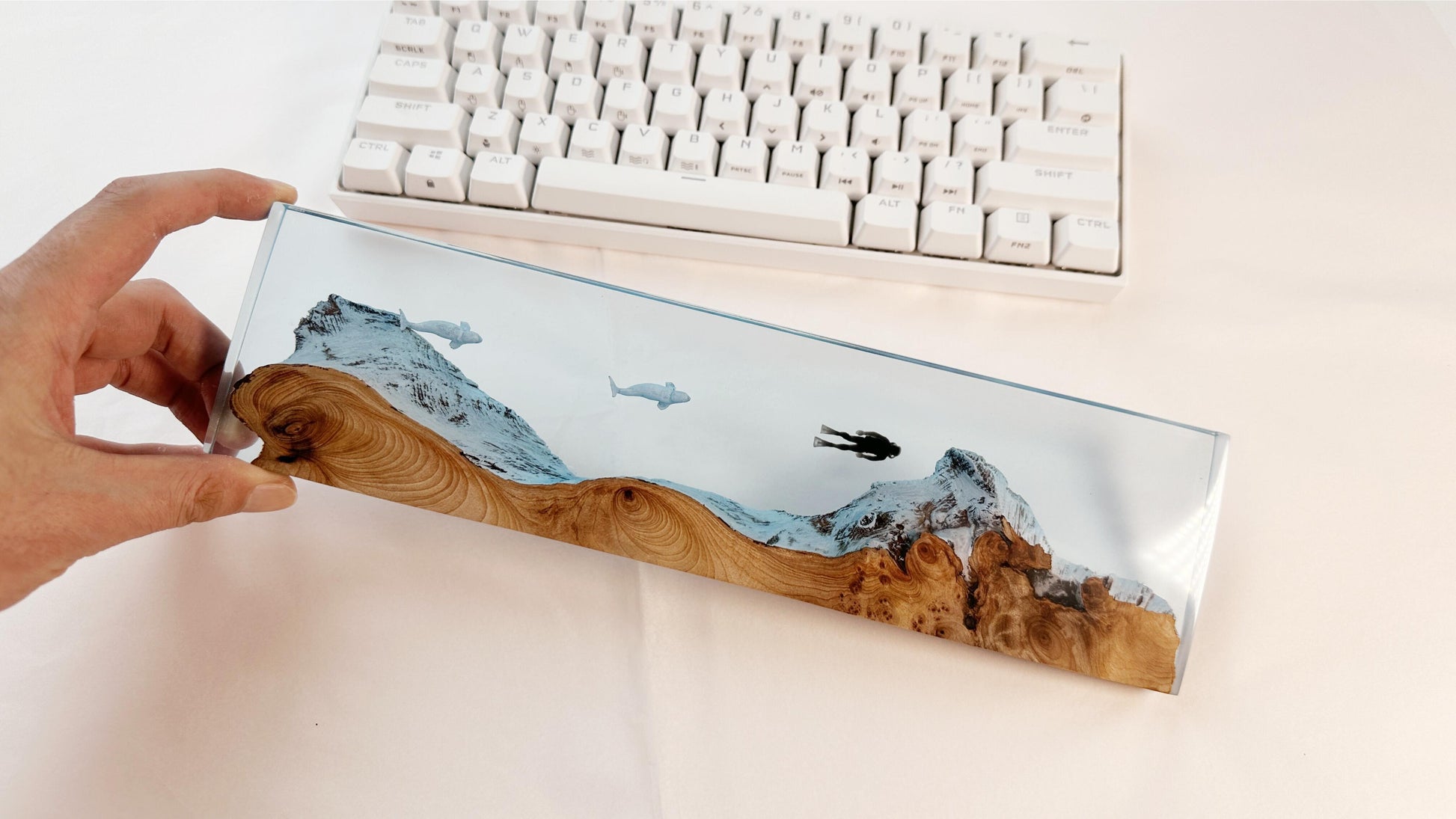 Beluga Whale Diver Wrist Rest, Blue Sea, Ocean Cave Cedar Wood Resin Wrist Rest, Artisan Keyboard Wrist Rest, Desk Decor Gift. - HiJenney