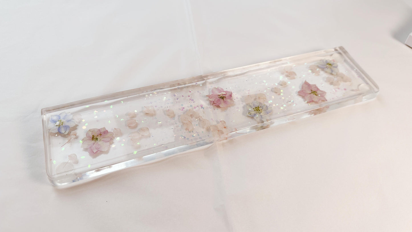 Delphinium Petals Wrist Rest, Real Dried flowers, Clear Resin Artisan Wrist Rest, Handmade Customized Personalized Gift. - HiJenney