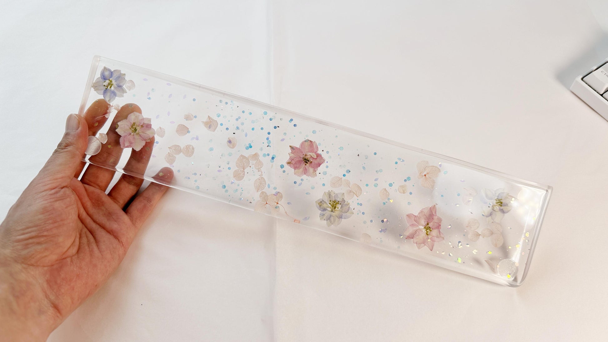 Delphinium Petals Wrist Rest, Real Dried flowers, Clear Resin Artisan Wrist Rest, Handmade Customized Personalized Gift. - HiJenney