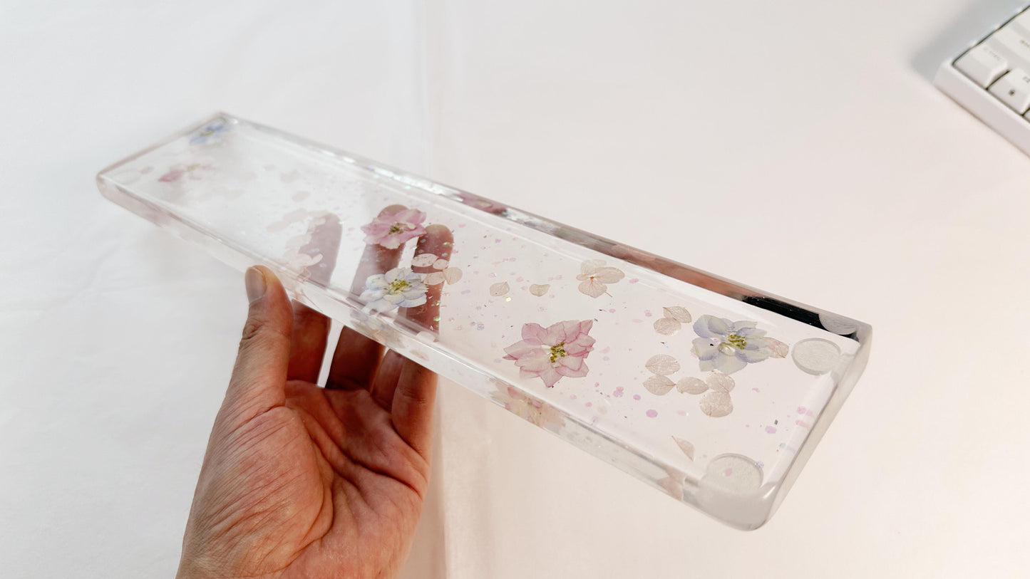 Delphinium Petals Wrist Rest, Real Dried flowers, Clear Resin Artisan Wrist Rest, Handmade Customized Personalized Gift. - HiJenney