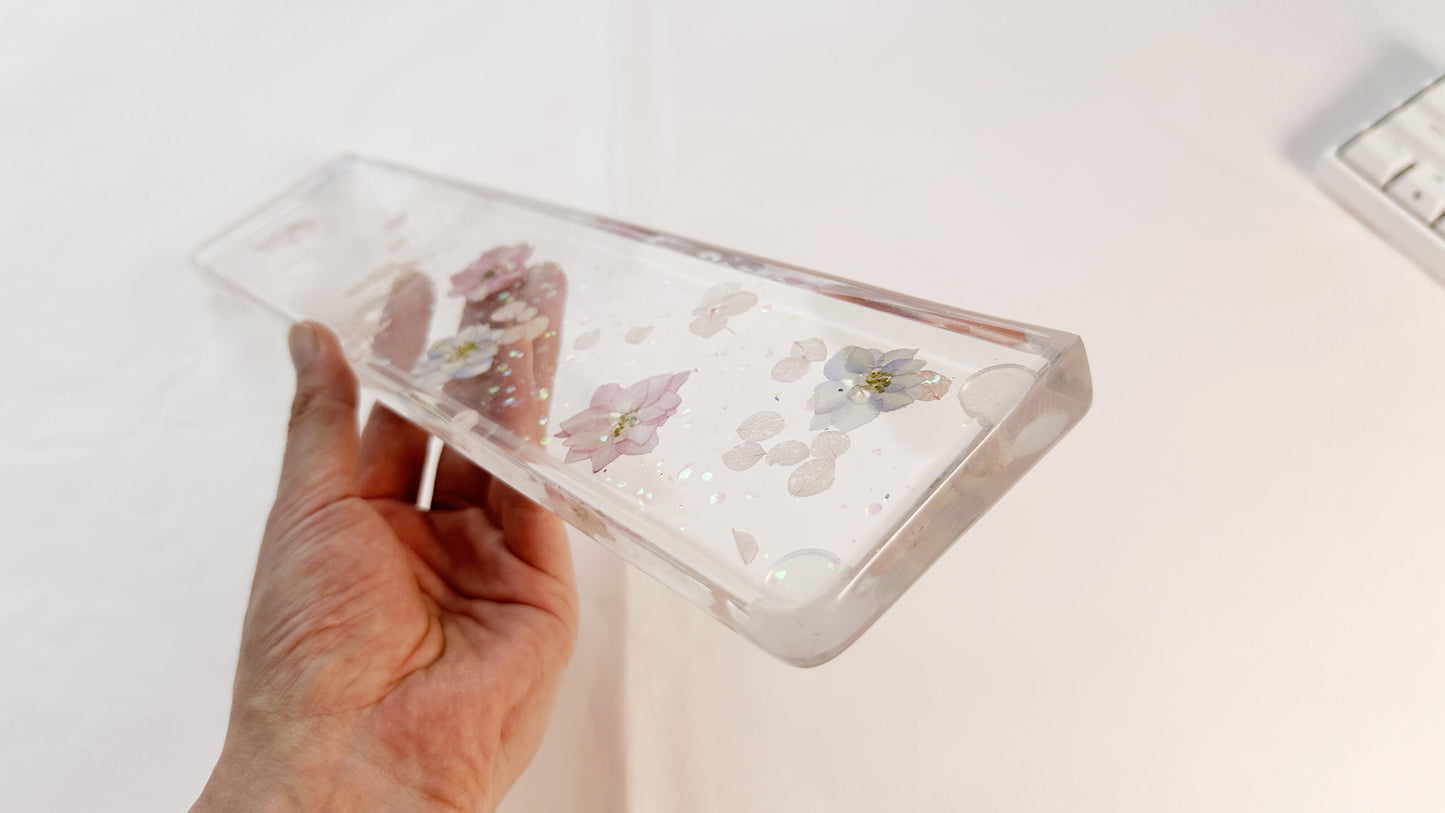 Delphinium Petals Wrist Rest, Real Dried flowers, Clear Resin Artisan Wrist Rest, Handmade Customized Personalized Gift. - HiJenney