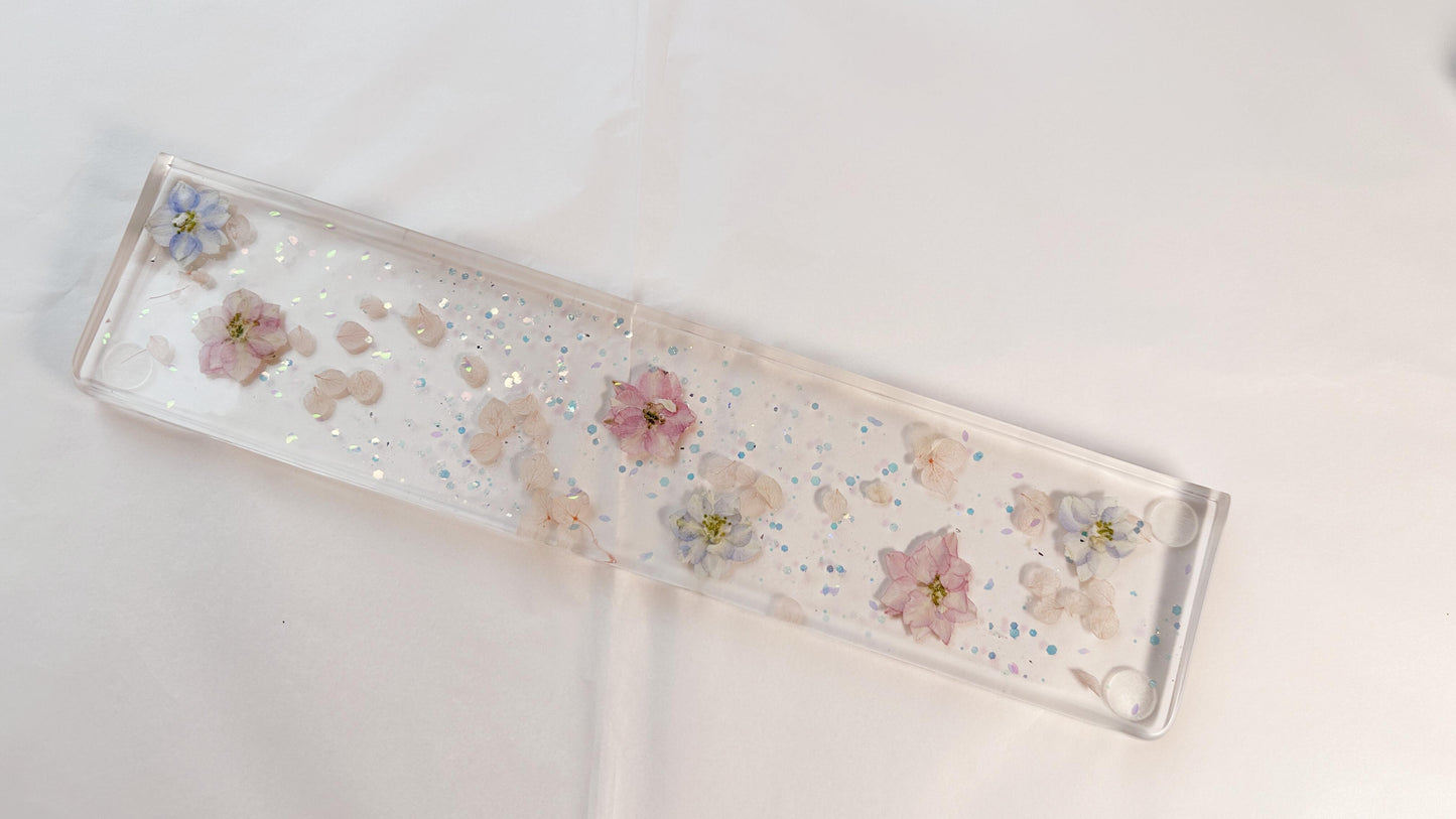 Delphinium Petals Wrist Rest, Real Dried flowers, Clear Resin Artisan Wrist Rest, Handmade Customized Personalized Gift. - HiJenney