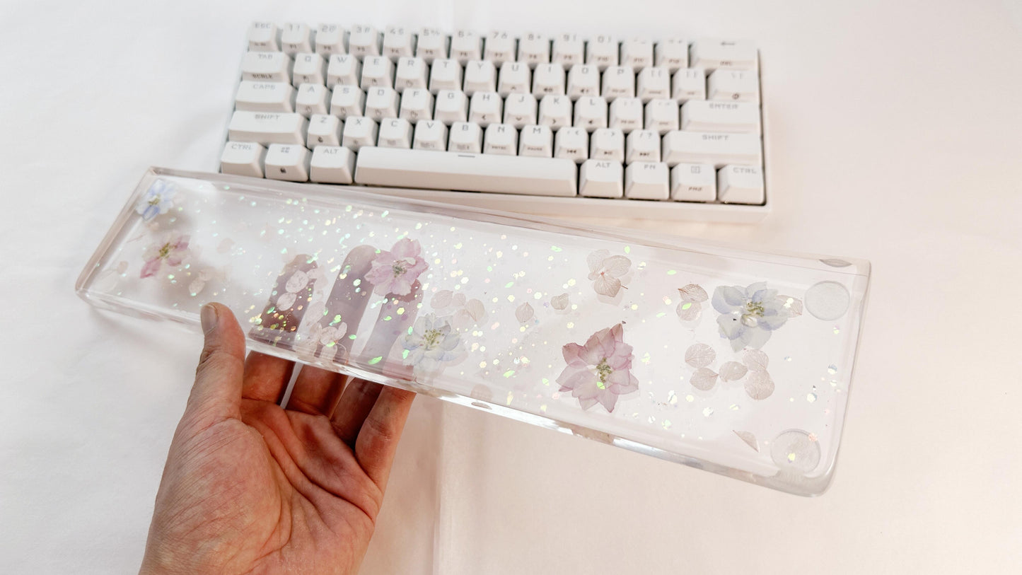 Delphinium Petals Wrist Rest, Real Dried flowers, Clear Resin Artisan Wrist Rest, Handmade Customized Personalized Gift. - HiJenney