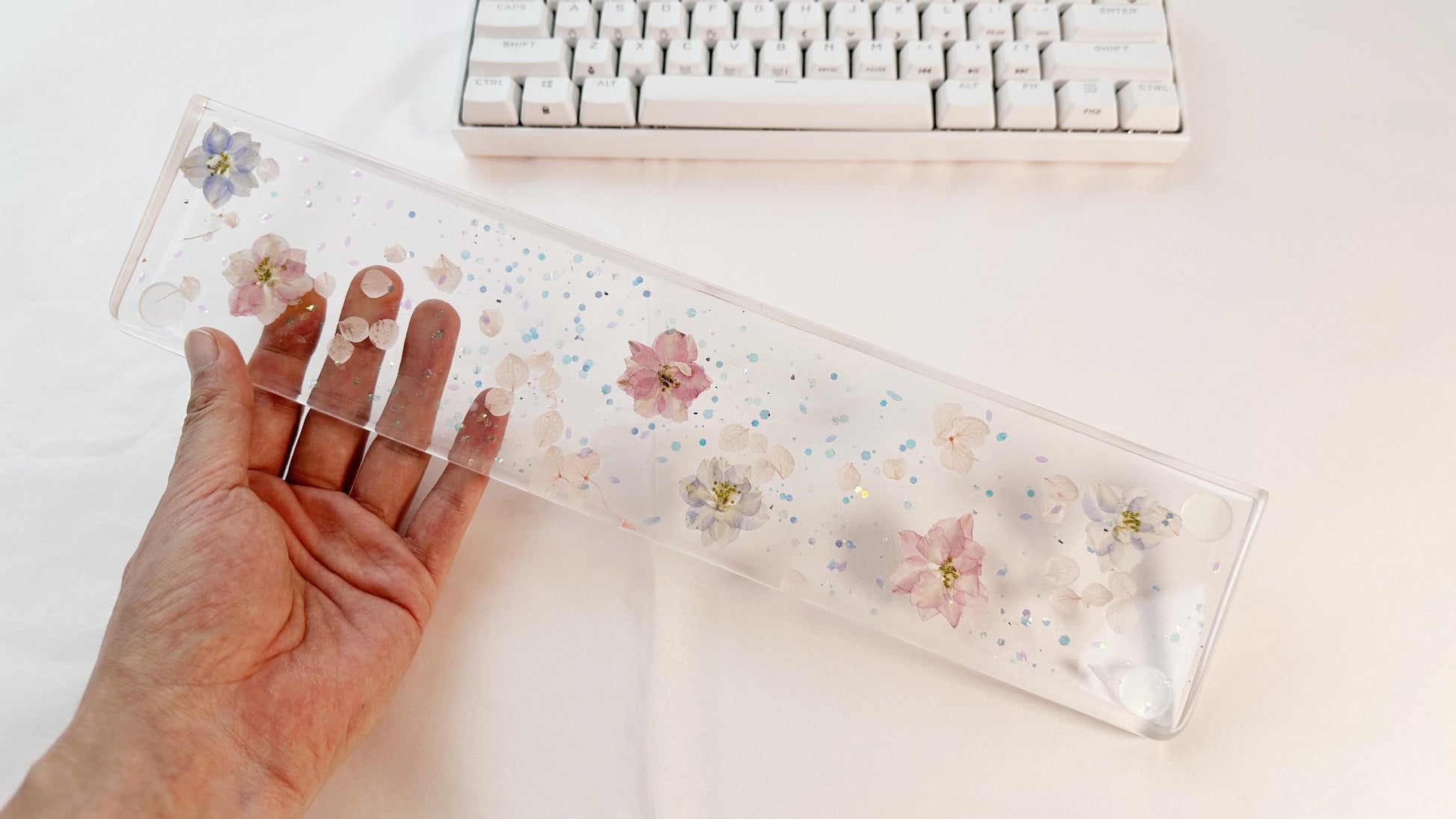 Delphinium Petals Wrist Rest, Real Dried flowers, Clear Resin Artisan Wrist Rest, Handmade Customized Personalized Gift. - HiJenney