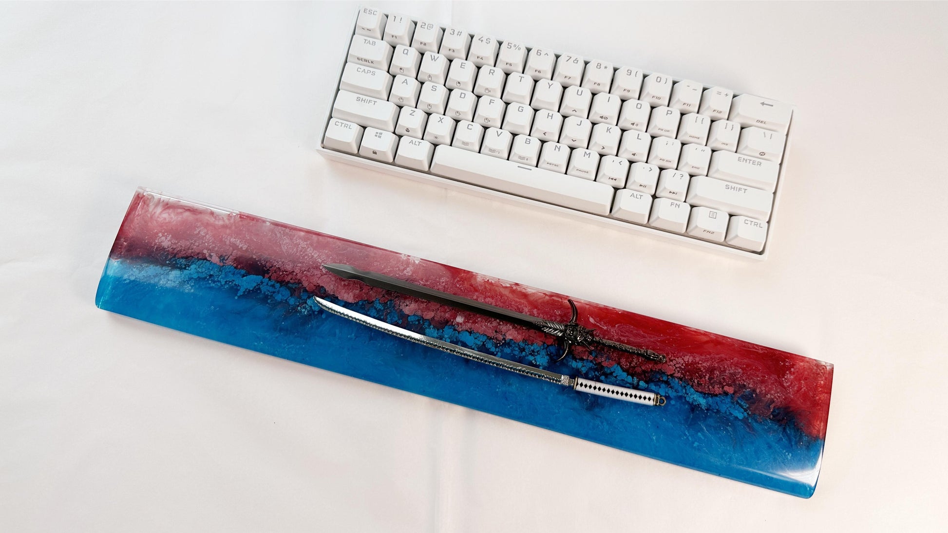 Artisan Katana Wrist Rest, Red Blue Resin Wrist Rest, Ink Dyeing, Custom Keyboard Wrist Rest, Samurai Sword, Personalized Gift. - HiJenney