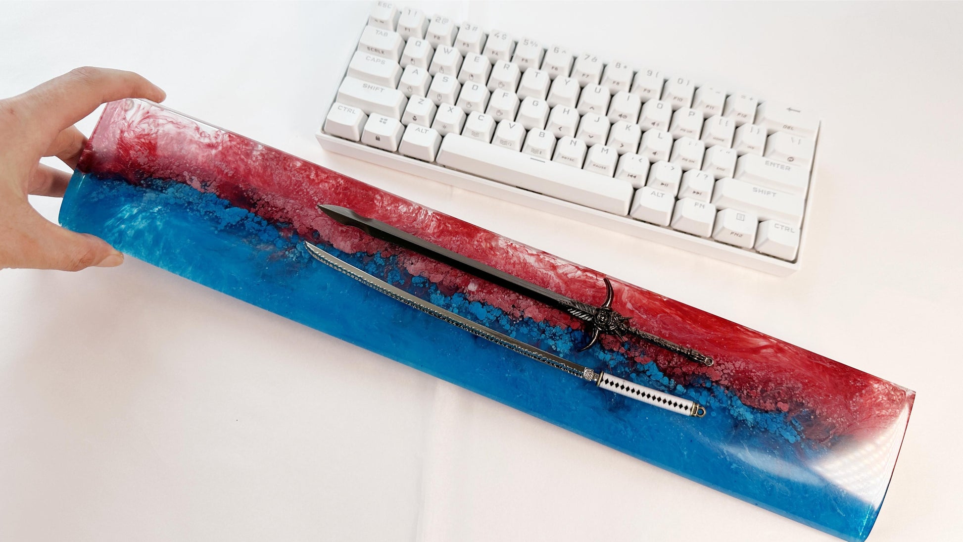 Artisan Katana Wrist Rest, Red Blue Resin Wrist Rest, Ink Dyeing, Custom Keyboard Wrist Rest, Samurai Sword, Personalized Gift. - HiJenney