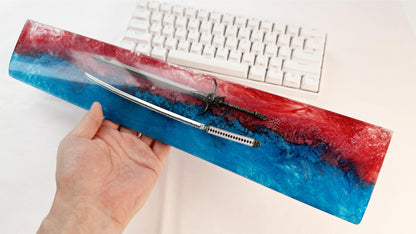 Artisan Katana Wrist Rest, Red Blue Resin Wrist Rest, Ink Dyeing, Custom Keyboard Wrist Rest, Samurai Sword, Personalized Gift. - HiJenney