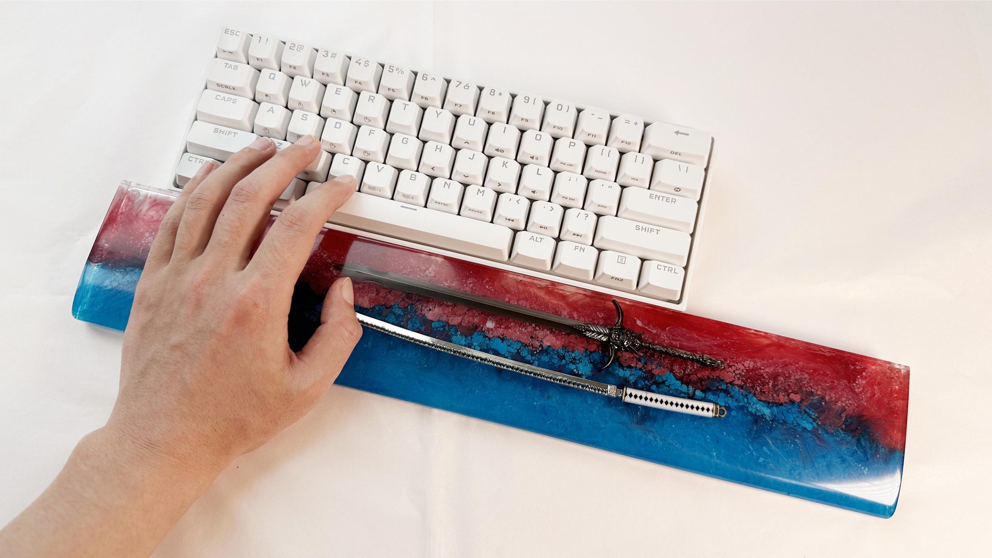 Artisan Katana Wrist Rest, Red Blue Resin Wrist Rest, Ink Dyeing, Custom Keyboard Wrist Rest, Samurai Sword, Personalized Gift. - HiJenney