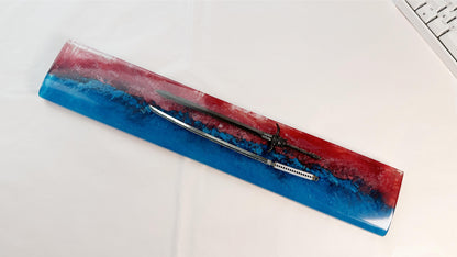 Artisan Katana Wrist Rest, Red Blue Resin Wrist Rest, Ink Dyeing, Custom Keyboard Wrist Rest, Samurai Sword, Personalized Gift. - HiJenney