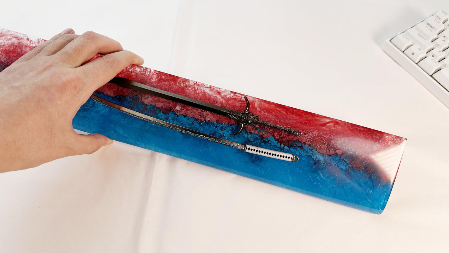 Artisan Katana Wrist Rest, Red Blue Resin Wrist Rest, Ink Dyeing, Custom Keyboard Wrist Rest, Samurai Sword, Personalized Gift. - HiJenney