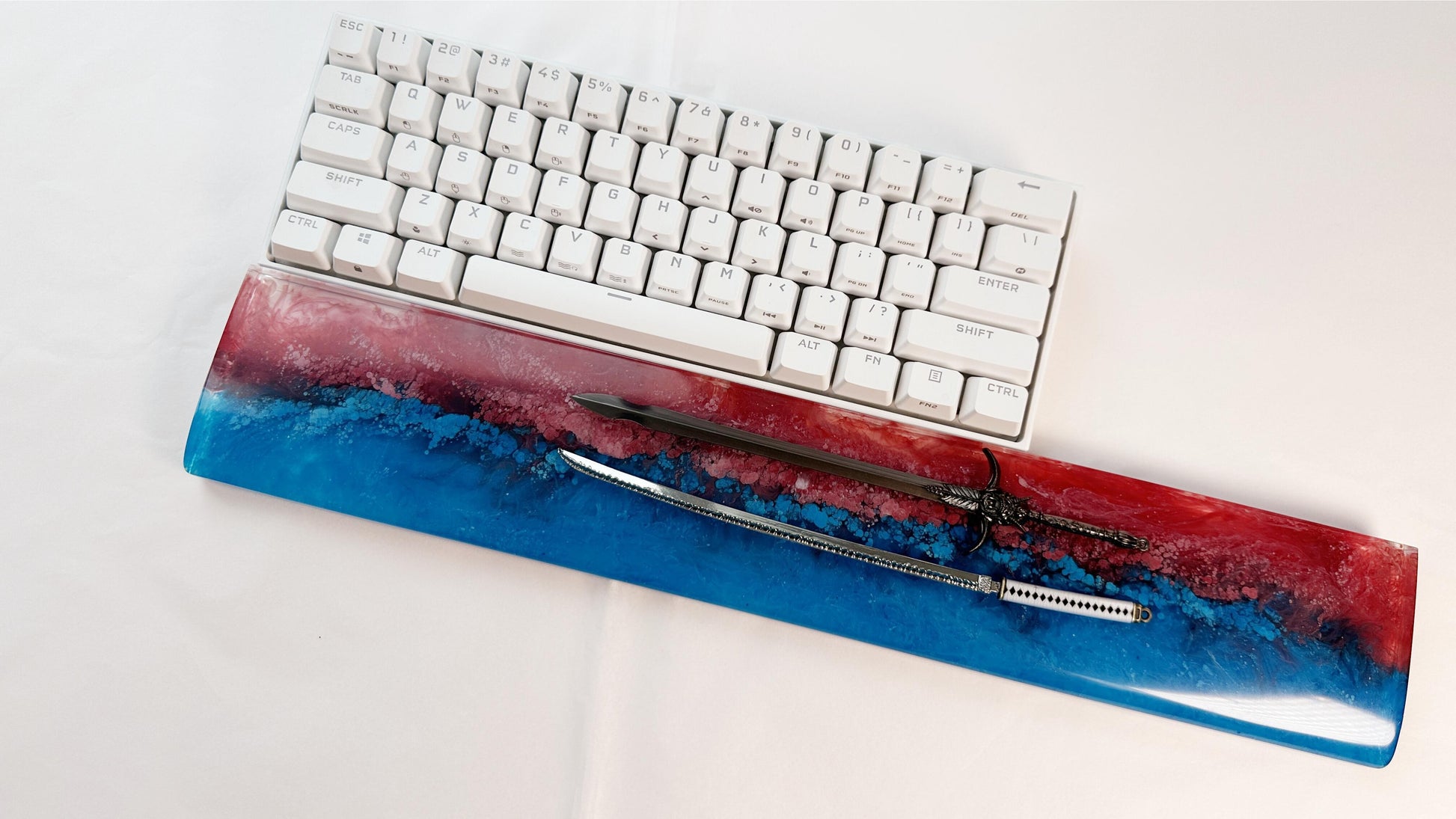 Artisan Katana Wrist Rest, Red Blue Resin Wrist Rest, Ink Dyeing, Custom Keyboard Wrist Rest, Samurai Sword, Personalized Gift. - HiJenney