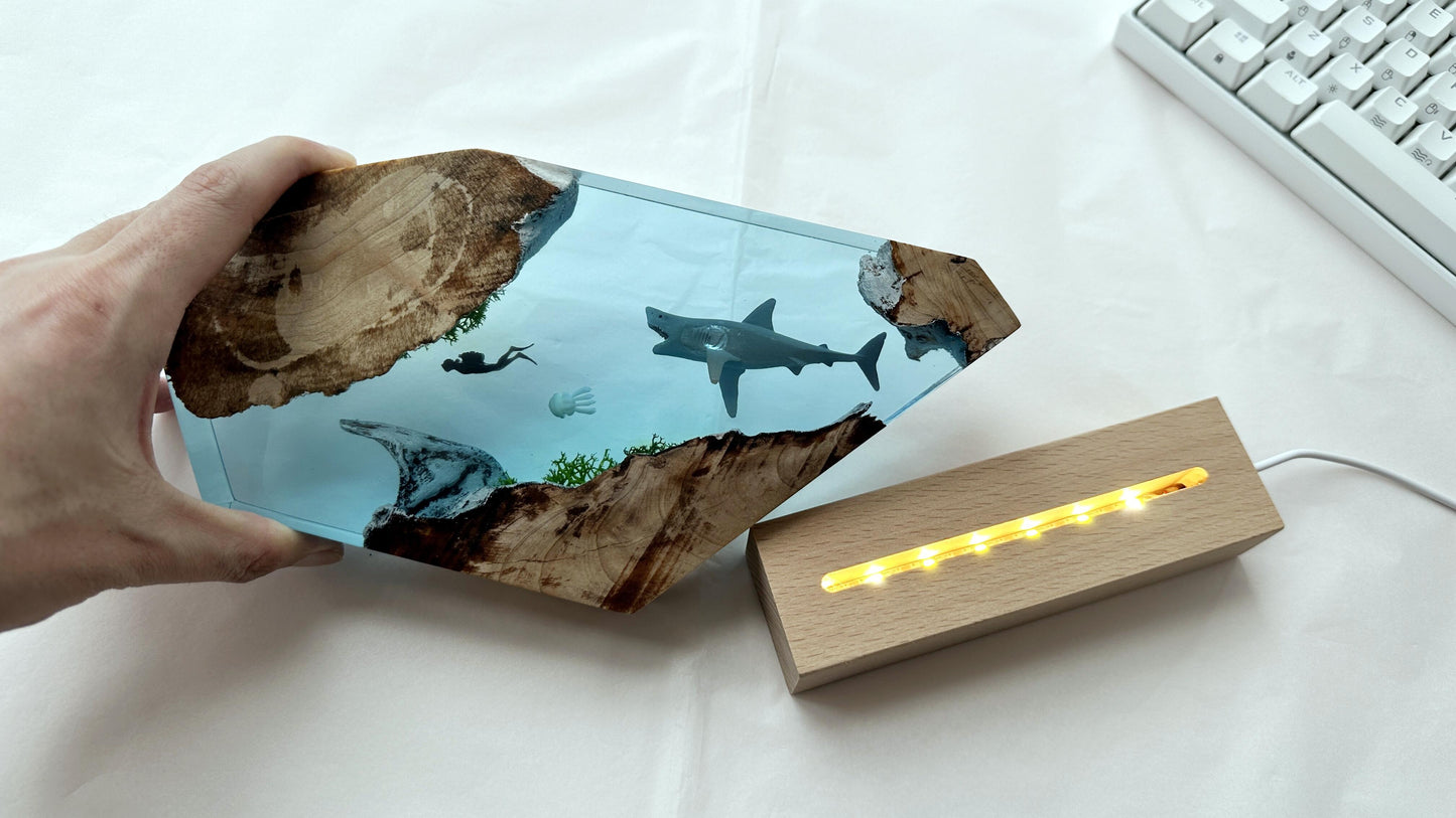 Ocean Cave Sence Night Light, Shark Jaws And Divers Lamp, Wood Resin Night Light, Living Bedroom, Home Decor, Personalized Gift. - HiJenney