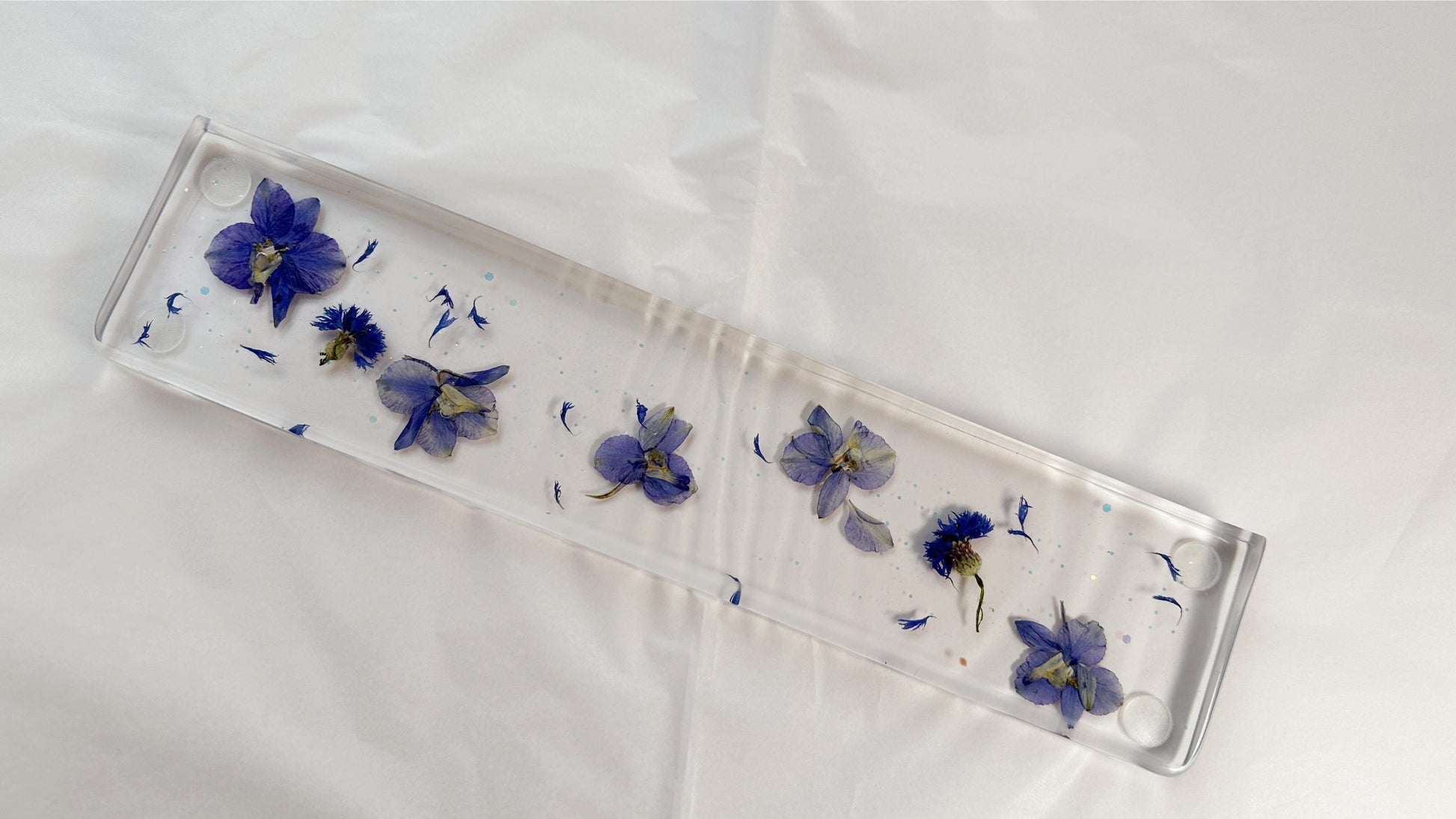 Artisan Clear Resin Wrist Rest, Blue-Purple Delphiniums Cornflowers Wrist Rest, Real Dried flowers, Handmade Personalized Gift. - HiJenney