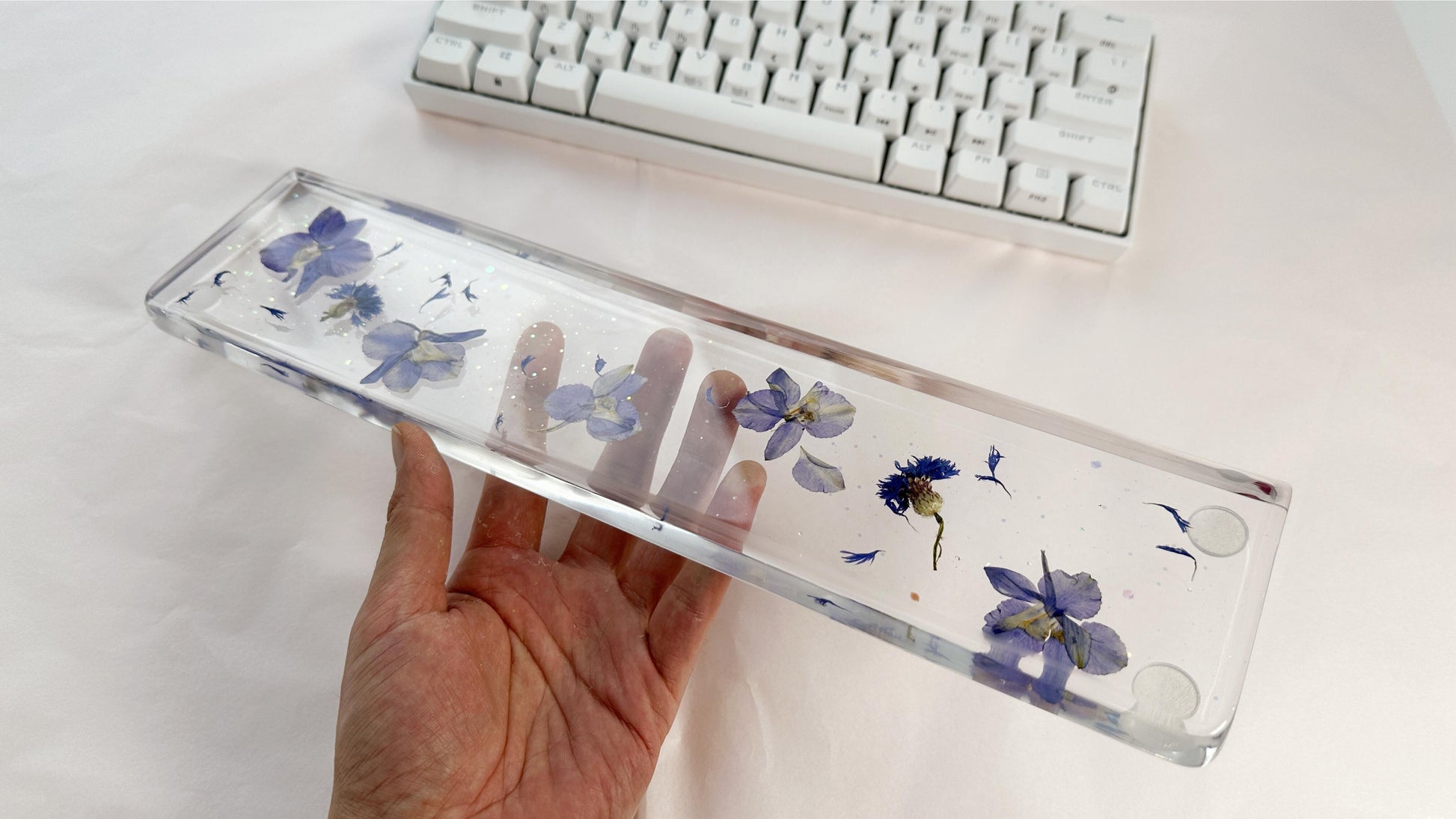 Artisan Clear Resin Wrist Rest, Blue-Purple Delphiniums Cornflowers Wrist Rest, Real Dried flowers, Handmade Personalized Gift. - HiJenney