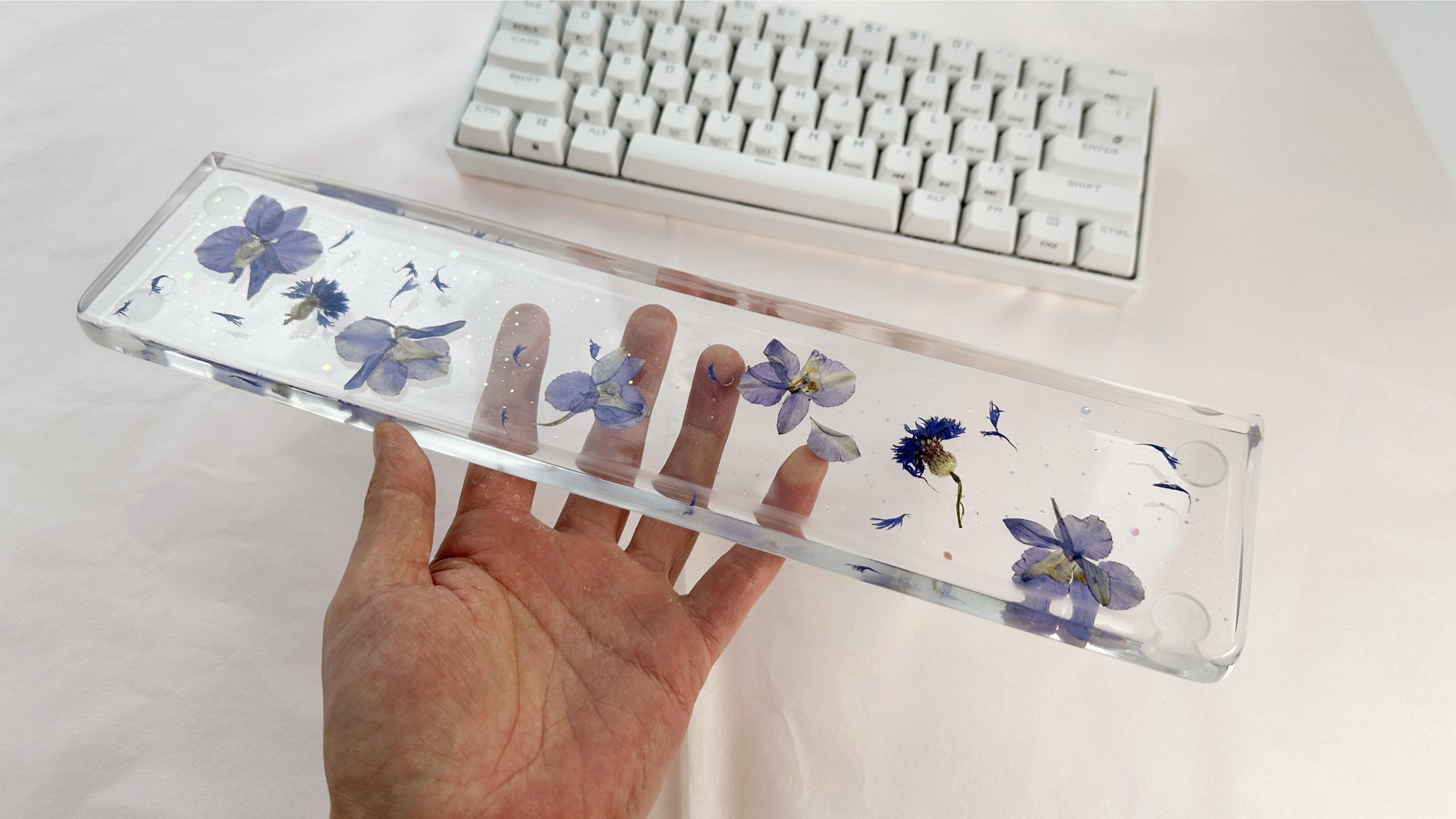 Artisan Clear Resin Wrist Rest, Blue-Purple Delphiniums Cornflowers Wrist Rest, Real Dried flowers, Handmade Personalized Gift. - HiJenney