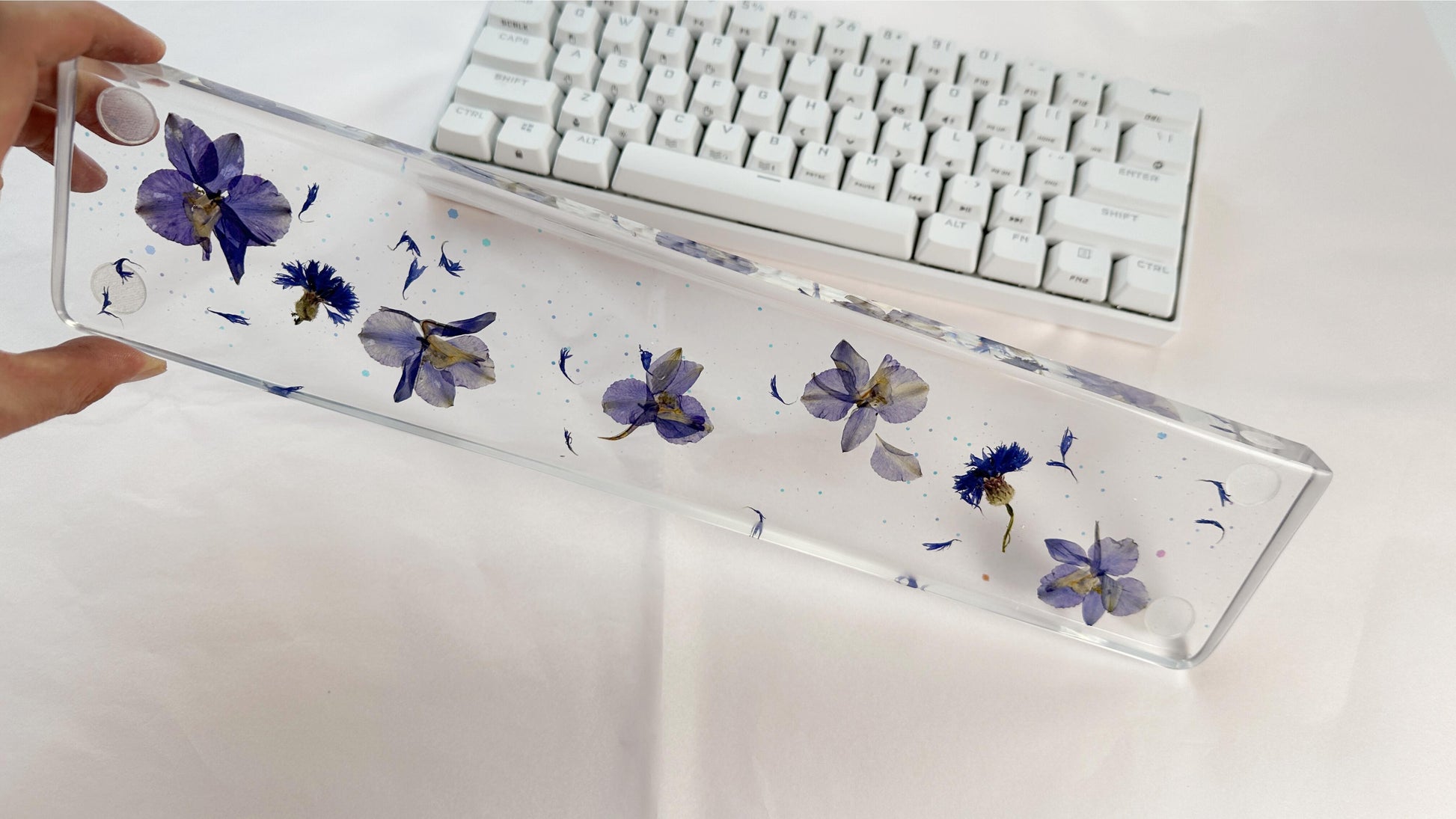 Artisan Clear Resin Wrist Rest, Blue-Purple Delphiniums Cornflowers Wrist Rest, Real Dried flowers, Handmade Personalized Gift. - HiJenney