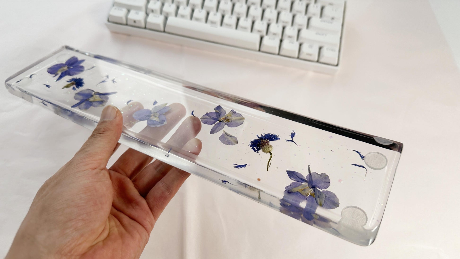 Artisan Clear Resin Wrist Rest, Blue-Purple Delphiniums Cornflowers Wrist Rest, Real Dried flowers, Handmade Personalized Gift. - HiJenney