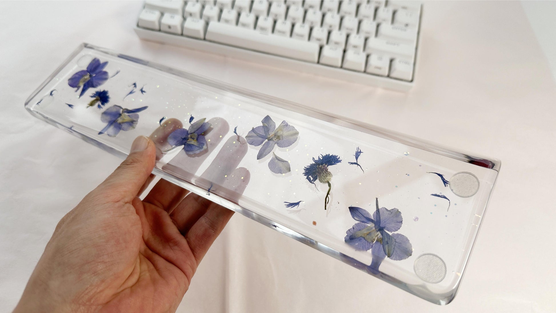 Artisan Clear Resin Wrist Rest, Blue-Purple Delphiniums Cornflowers Wrist Rest, Real Dried flowers, Handmade Personalized Gift. - HiJenney