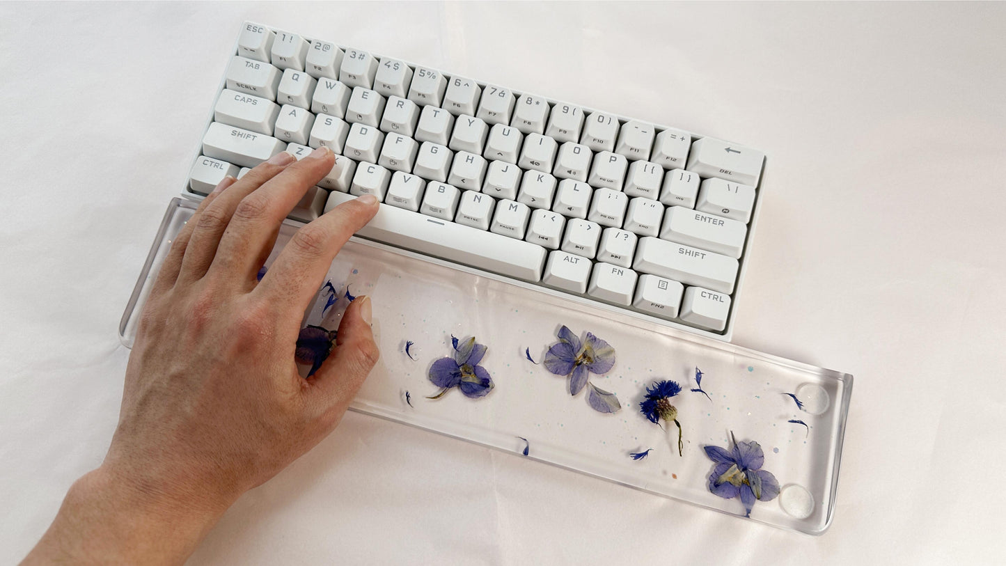 Artisan Clear Resin Wrist Rest, Blue-Purple Delphiniums Cornflowers Wrist Rest, Real Dried flowers, Handmade Personalized Gift. - HiJenney