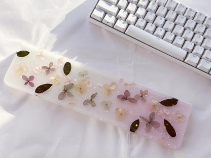 Pink White Hydrangea Flowers Wrist Rest, Artisan Resin Wrist Rest, Dried Flowers Keyboard Wrist Rest, Desk Keyboard Decor Gift. - HiJenney