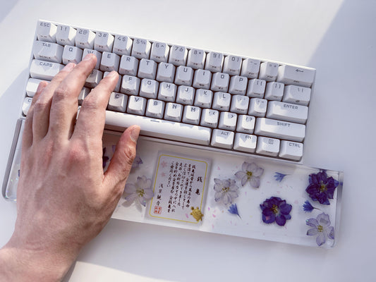 Artisan Clear Resin Keyboard Wrist Rest, Delphiniums Cornflowers Wrist Rest, Japanese poem, Gaming Desk Setup Gift. - HiJenney