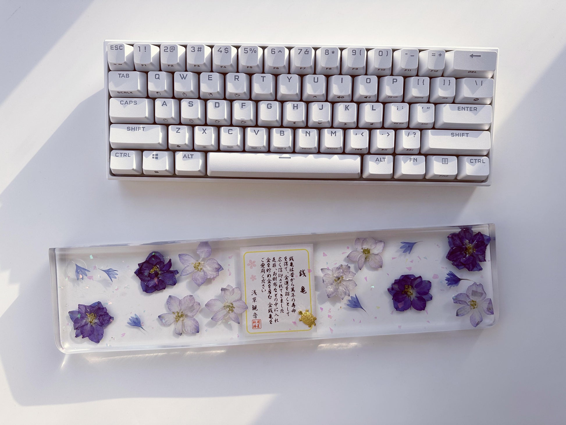 Artisan Clear Resin Keyboard Wrist Rest, Delphiniums Cornflowers Wrist Rest, Japanese poem, Gaming Desk Setup Gift. - HiJenney