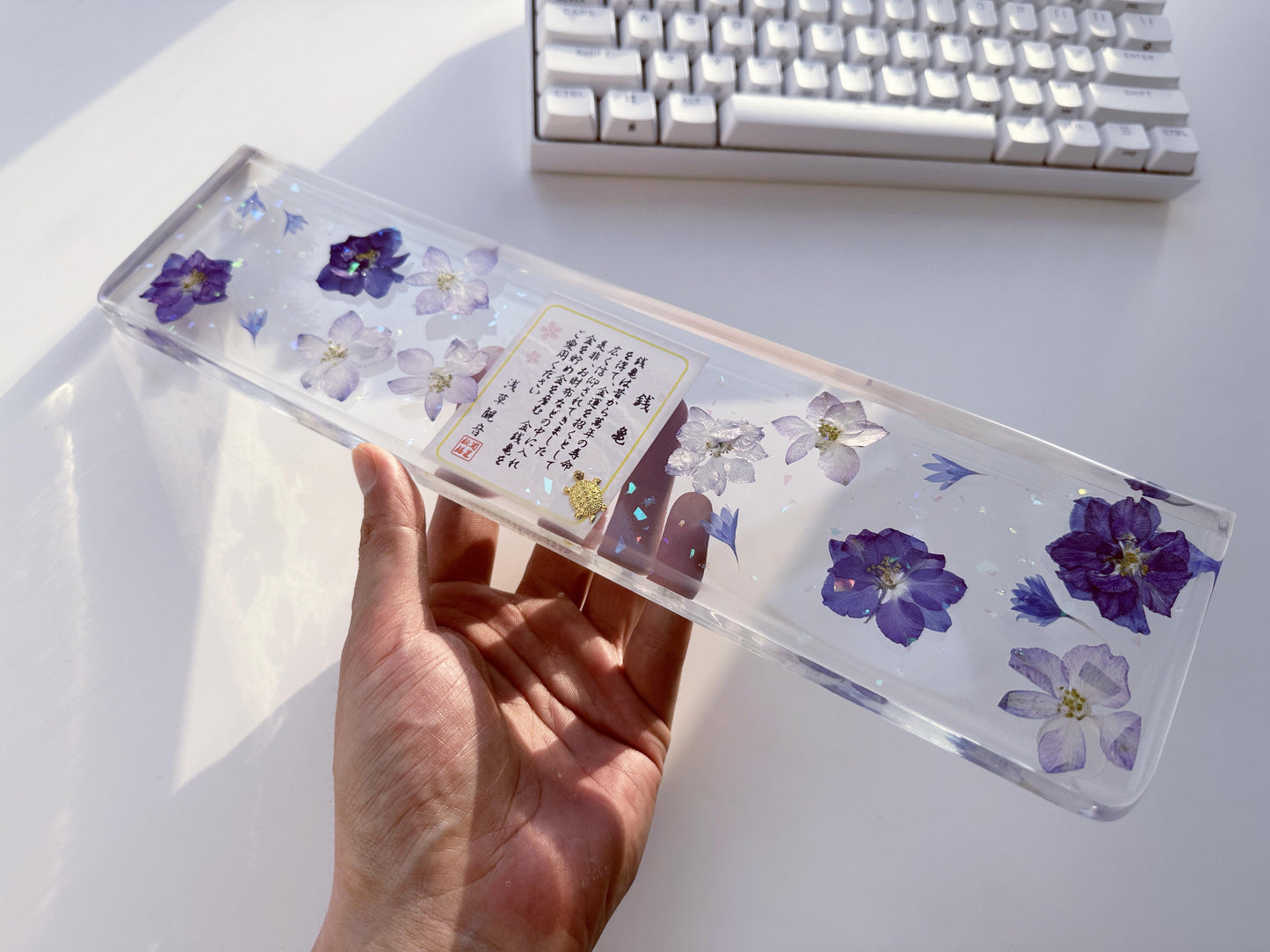 Artisan Clear Resin Keyboard Wrist Rest, Delphiniums Cornflowers Wrist Rest, Japanese poem, Gaming Desk Setup Gift. - HiJenney