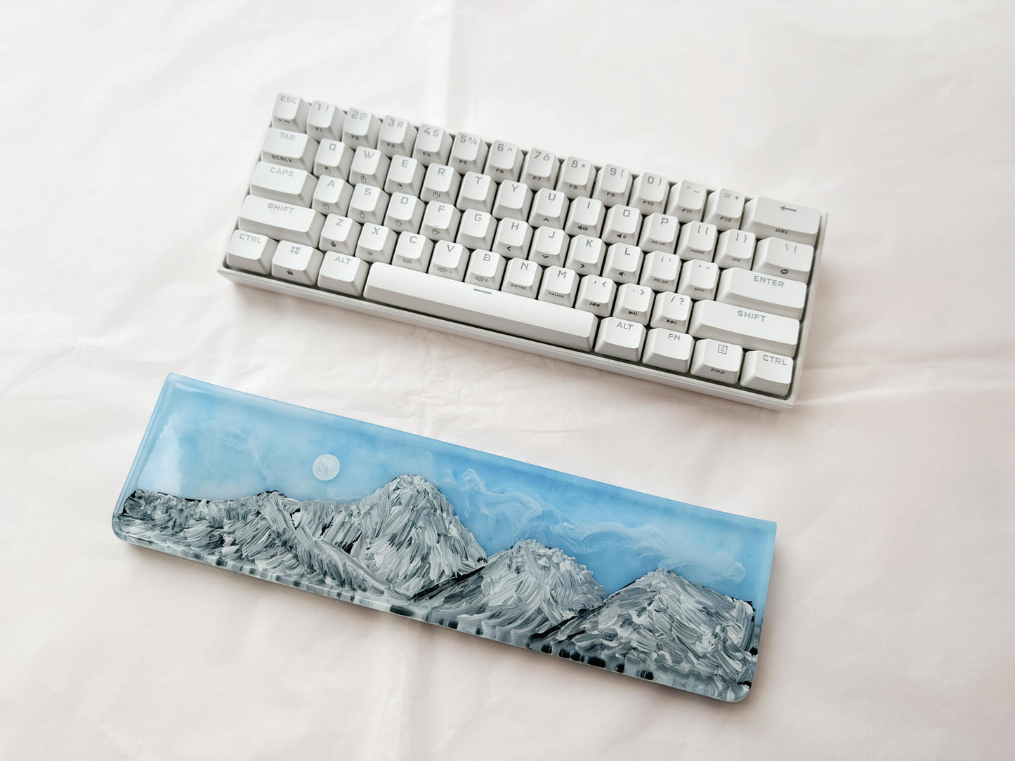 Hand-Painted Landscape Wrist Rest, Artisan Resin Wrist Rest, Mountains Sunrise, White Clouds, Custom Keyboard Wrist Rest. - HiJenney