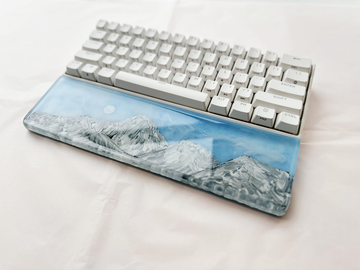 Hand-Painted Landscape Wrist Rest, Artisan Resin Wrist Rest, Mountains Sunrise, White Clouds, Custom Keyboard Wrist Rest. - HiJenney