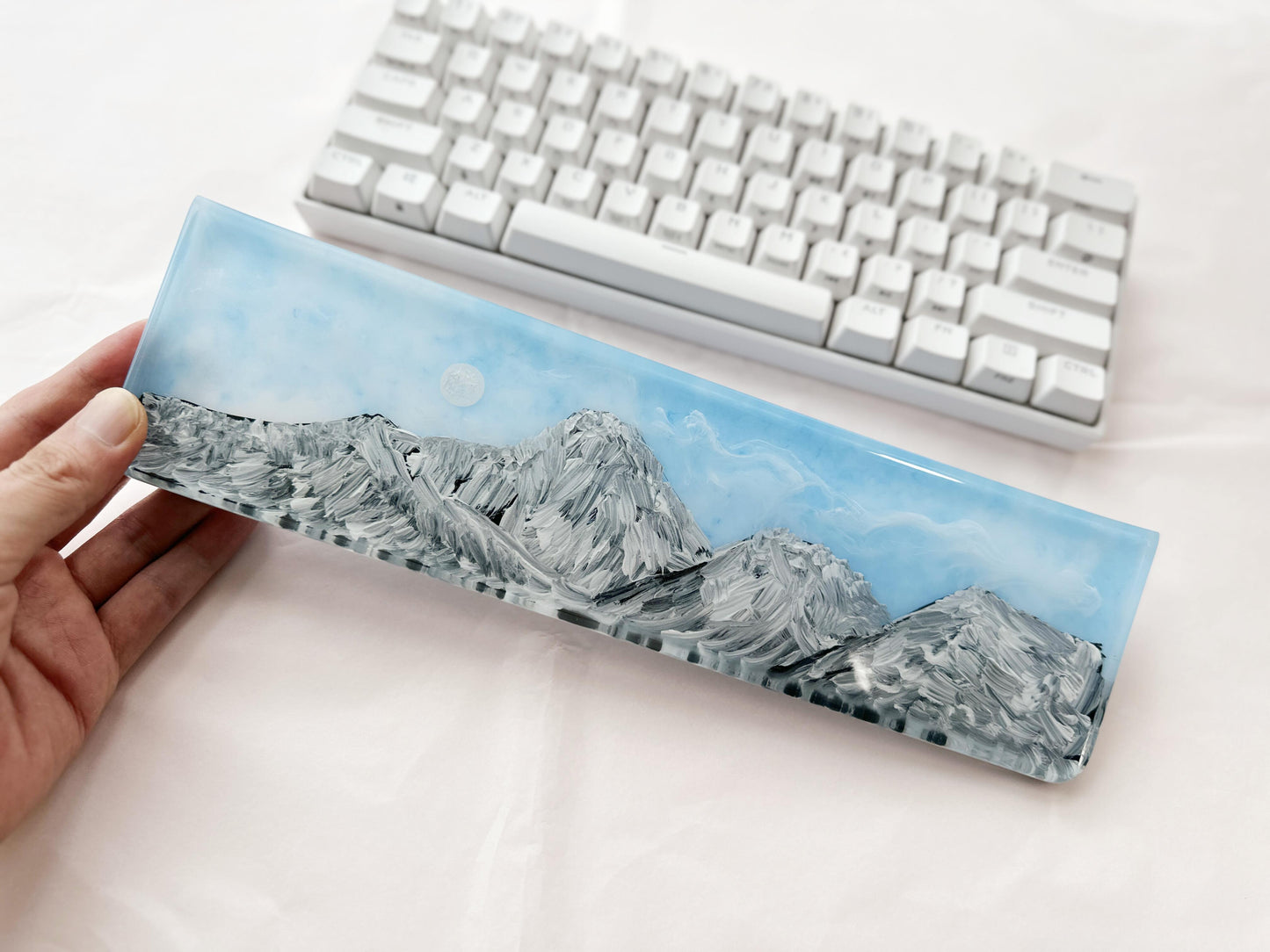 Hand-Painted Landscape Wrist Rest, Artisan Resin Wrist Rest, Mountains Sunrise, White Clouds, Custom Keyboard Wrist Rest. - HiJenney