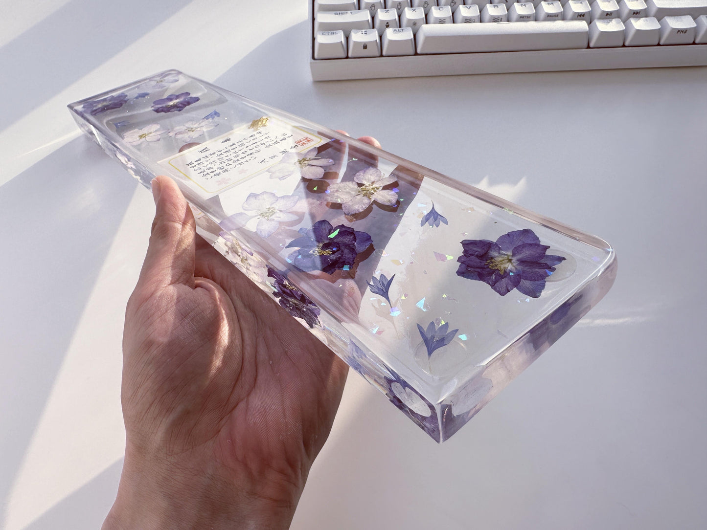 Artisan Clear Resin Keyboard Wrist Rest, Delphiniums Cornflowers Wrist Rest, Japanese poem, Gaming Desk Setup Gift. - HiJenney