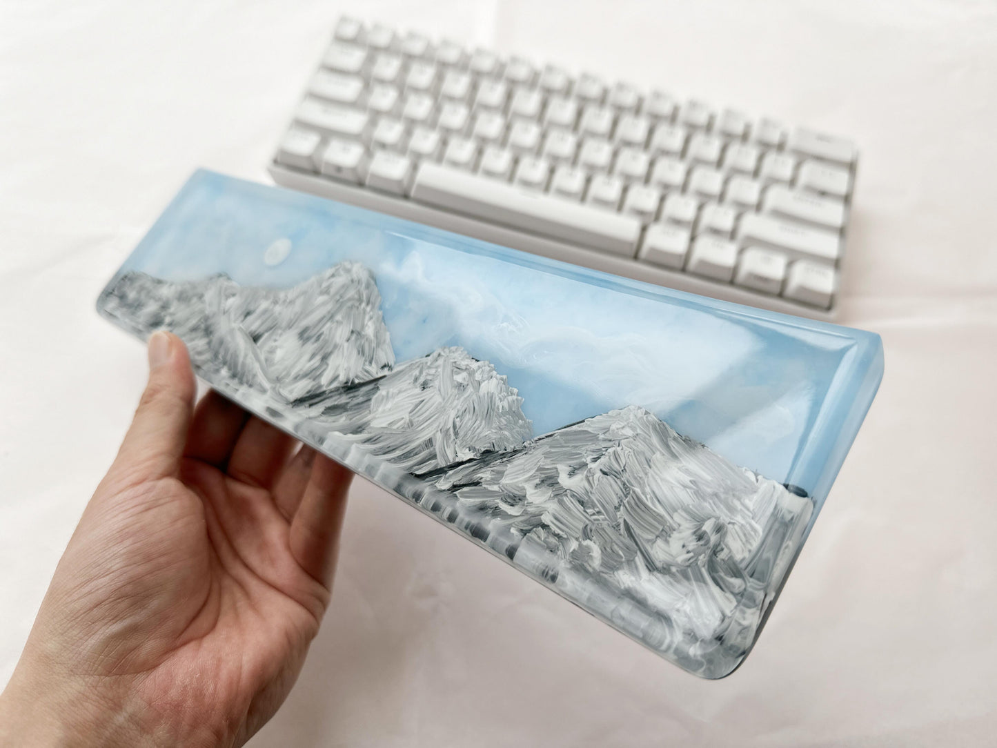 Hand-Painted Landscape Wrist Rest, Artisan Resin Wrist Rest, Mountains Sunrise, White Clouds, Custom Keyboard Wrist Rest. - HiJenney