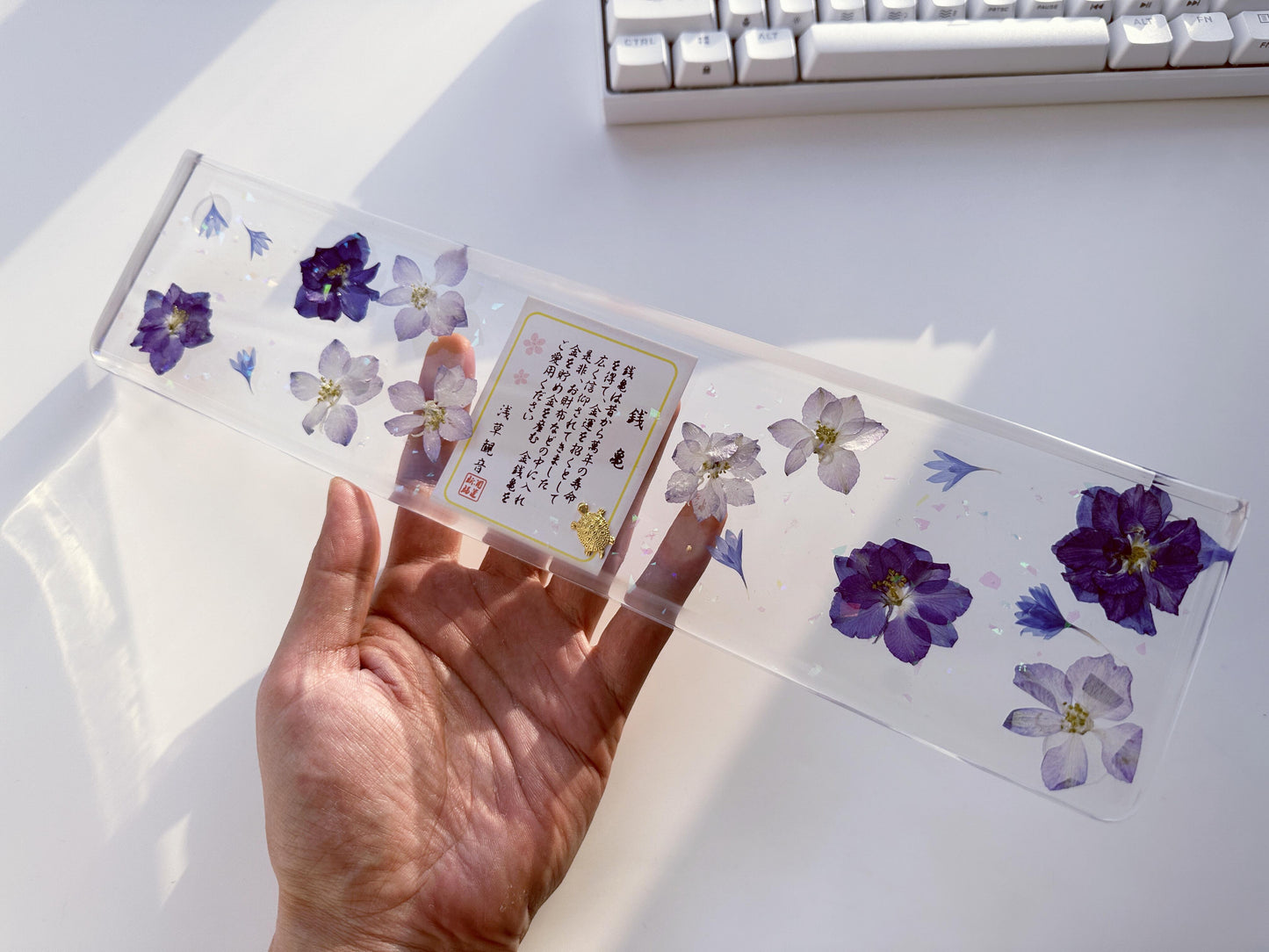 Artisan Clear Resin Keyboard Wrist Rest, Delphiniums Cornflowers Wrist Rest, Japanese poem, Gaming Desk Setup Gift. - HiJenney