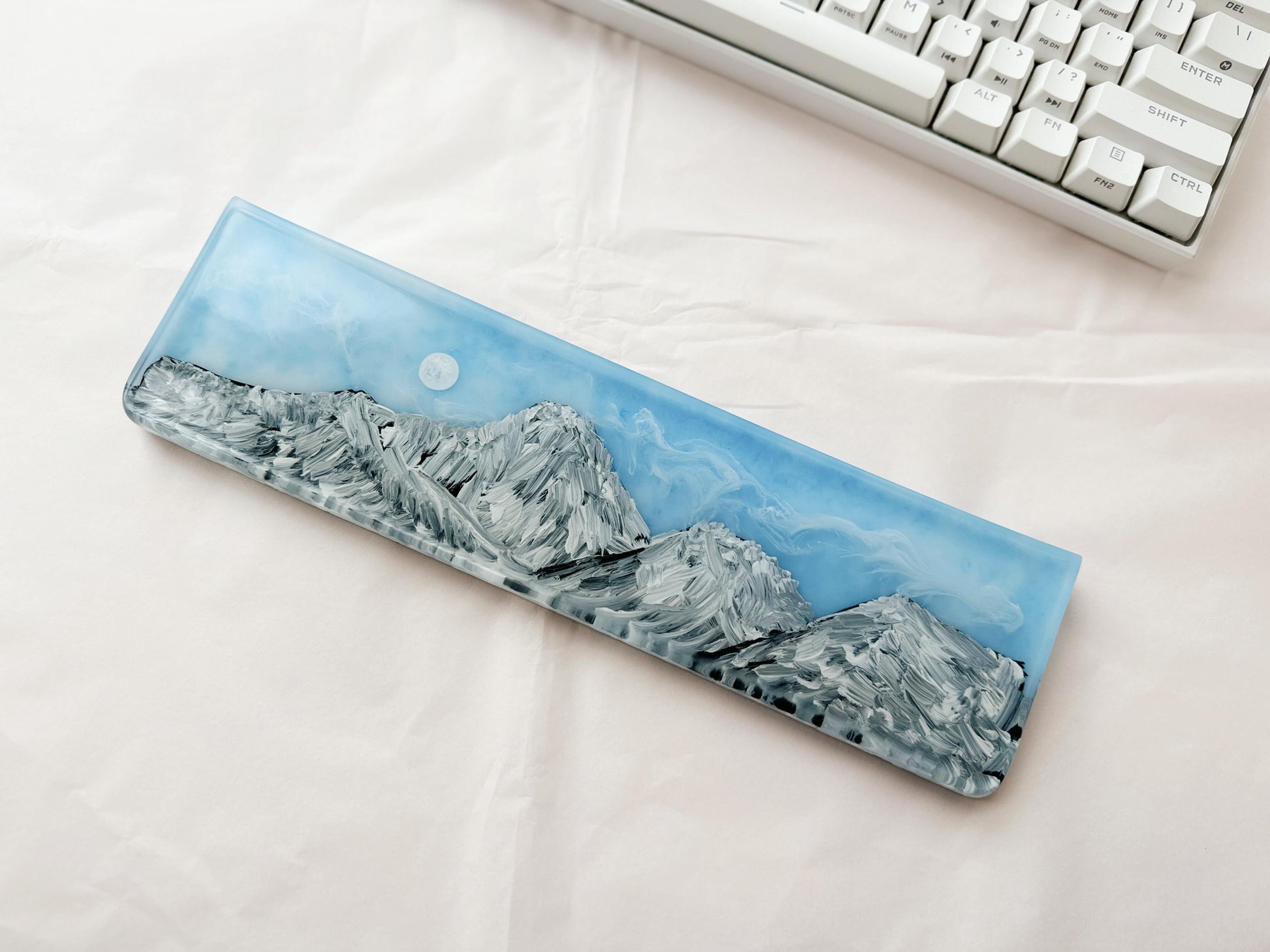 Hand-Painted Landscape Wrist Rest, Artisan Resin Wrist Rest, Mountains Sunrise, White Clouds, Custom Keyboard Wrist Rest. - HiJenney