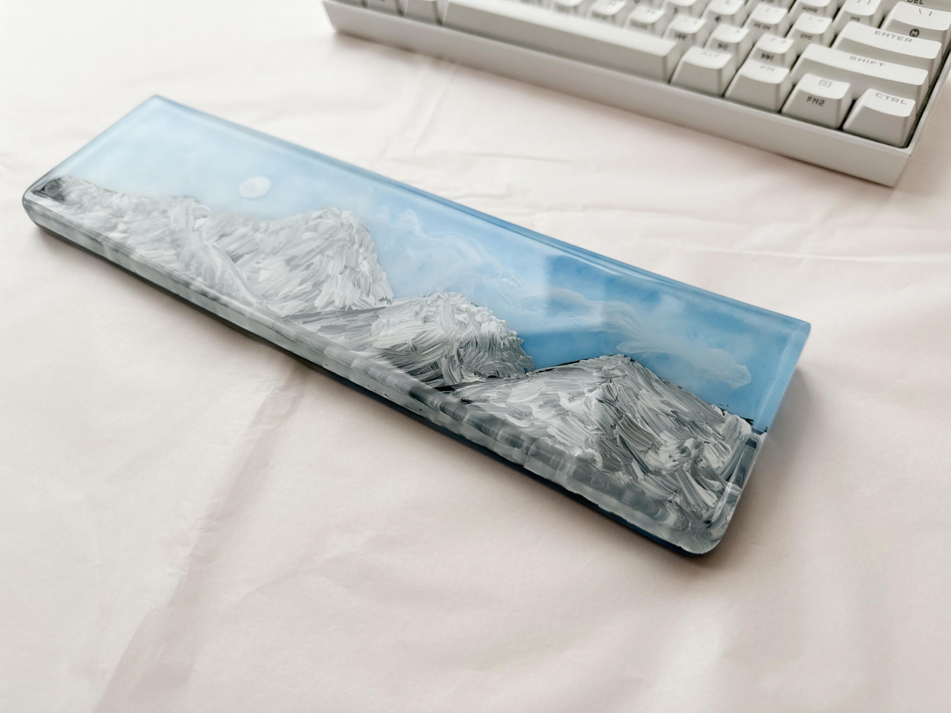 Hand-Painted Landscape Wrist Rest, Artisan Resin Wrist Rest, Mountains Sunrise, White Clouds, Custom Keyboard Wrist Rest. - HiJenney