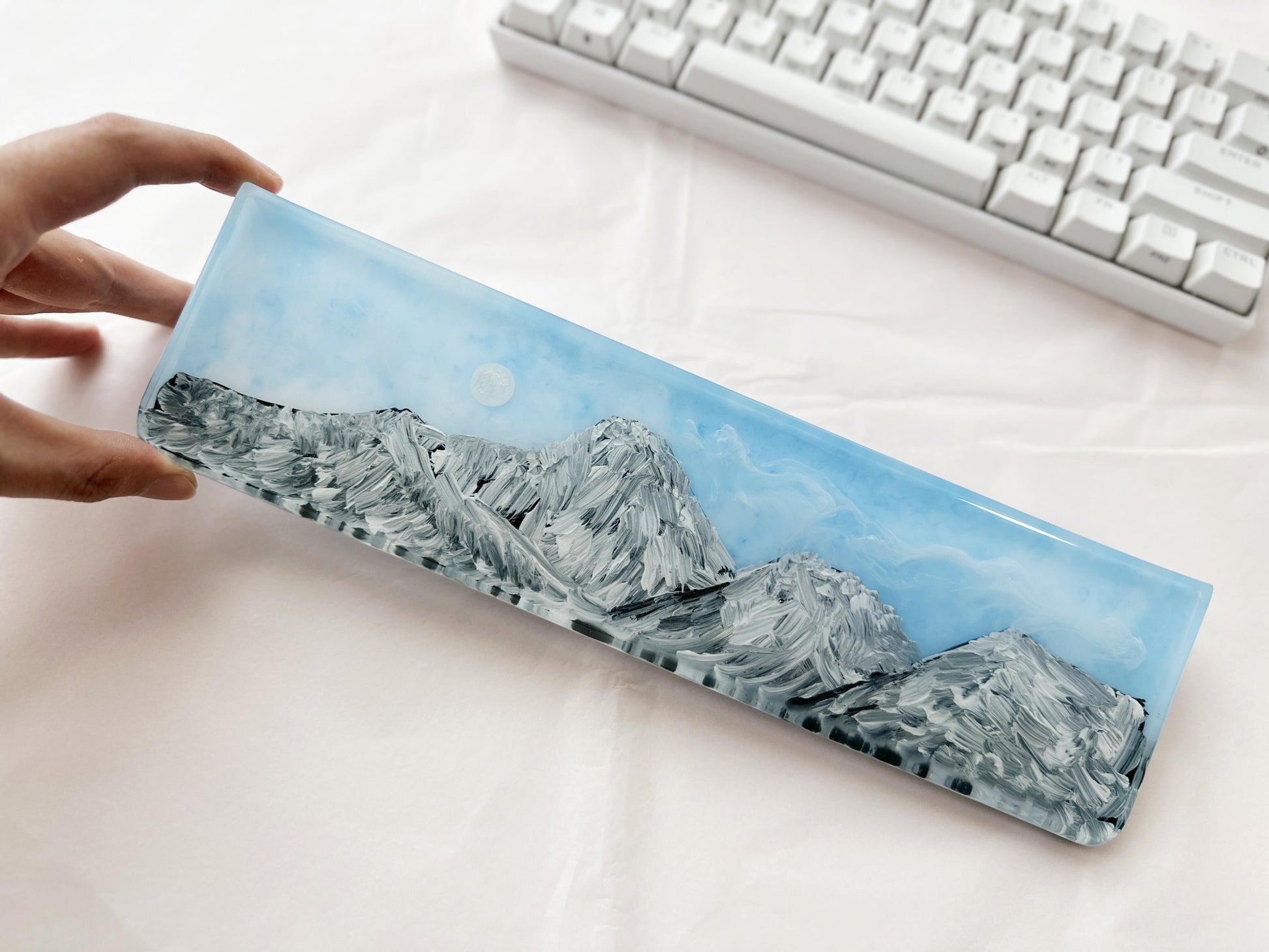 Hand-Painted Landscape Wrist Rest, Artisan Resin Wrist Rest, Mountains Sunrise, White Clouds, Custom Keyboard Wrist Rest. - HiJenney