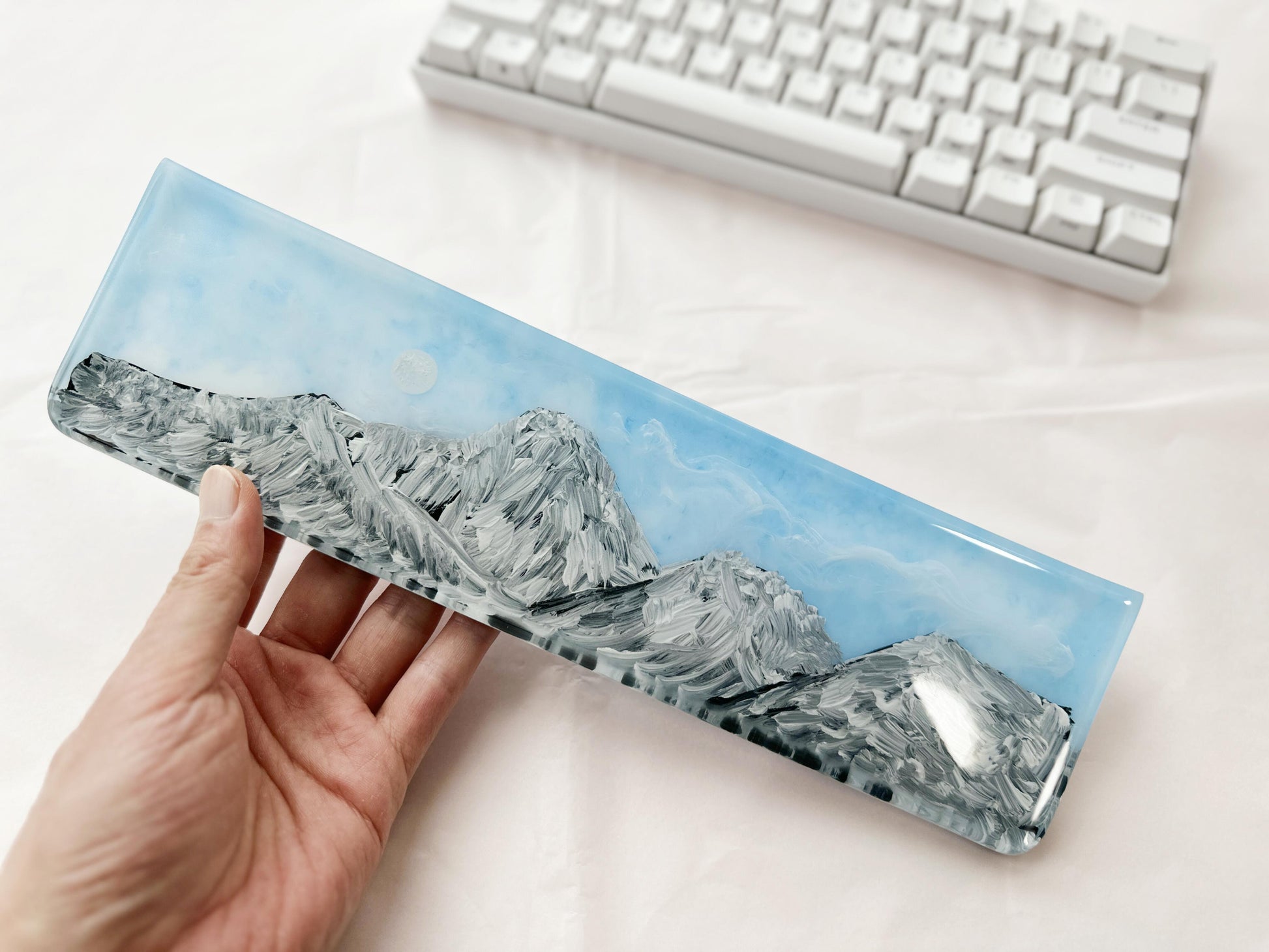 Hand-Painted Landscape Wrist Rest, Artisan Resin Wrist Rest, Mountains Sunrise, White Clouds, Custom Keyboard Wrist Rest. - HiJenney