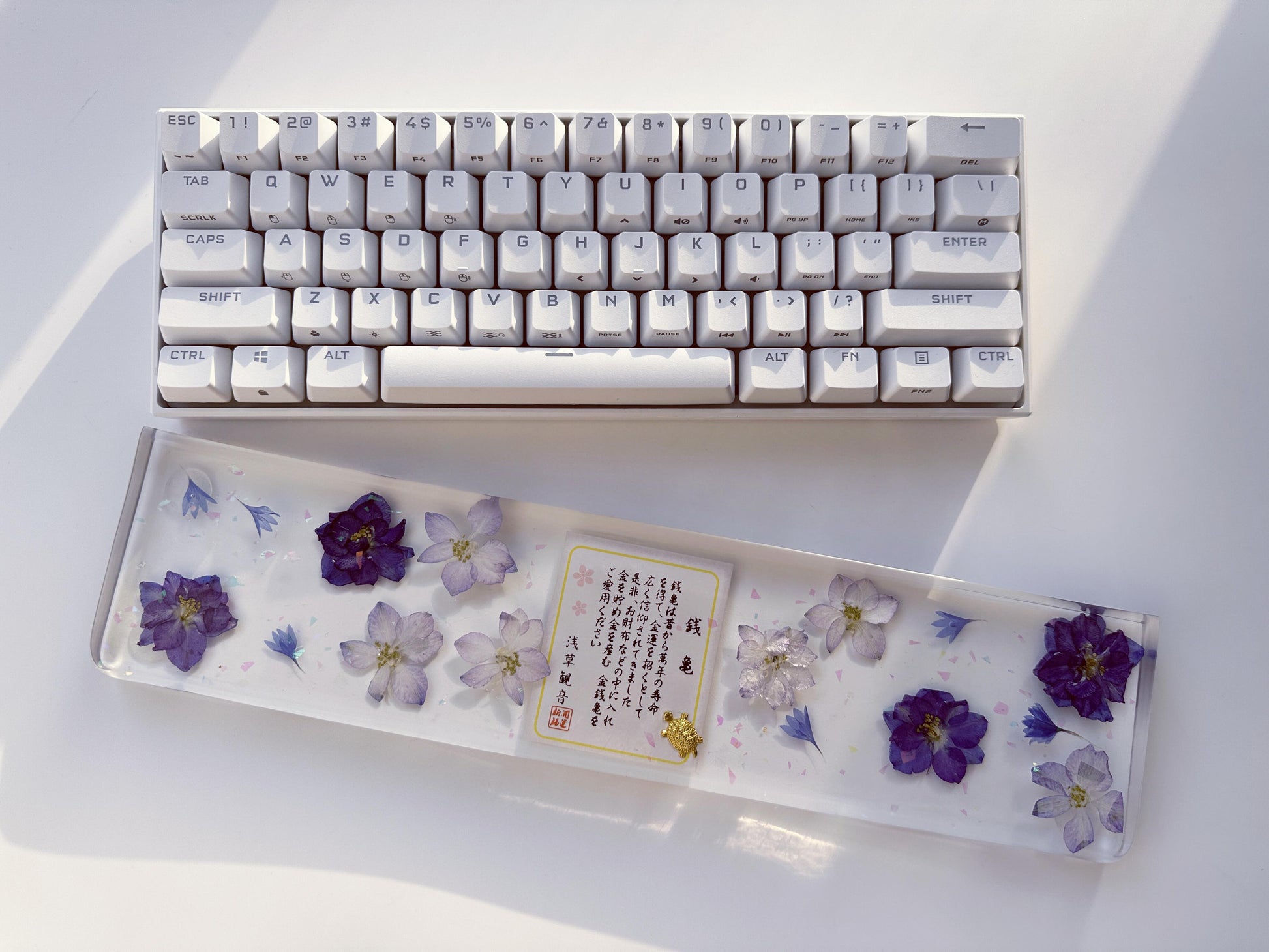 Artisan Clear Resin Keyboard Wrist Rest, Delphiniums Cornflowers Wrist Rest, Japanese poem, Gaming Desk Setup Gift. - HiJenney