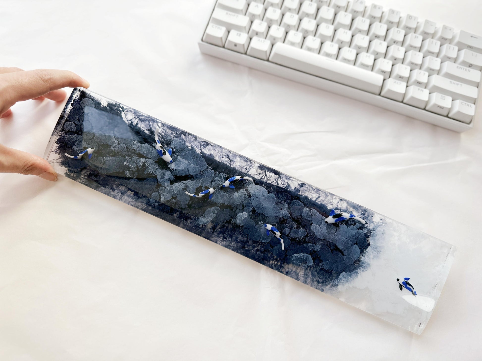 Artisan Black White Wrist Rest, Blue Koi Fish Wrist Rest, Custom Keyboard Wris Rest, Personalized Gift, Desk Decor Gift. - HiJenney