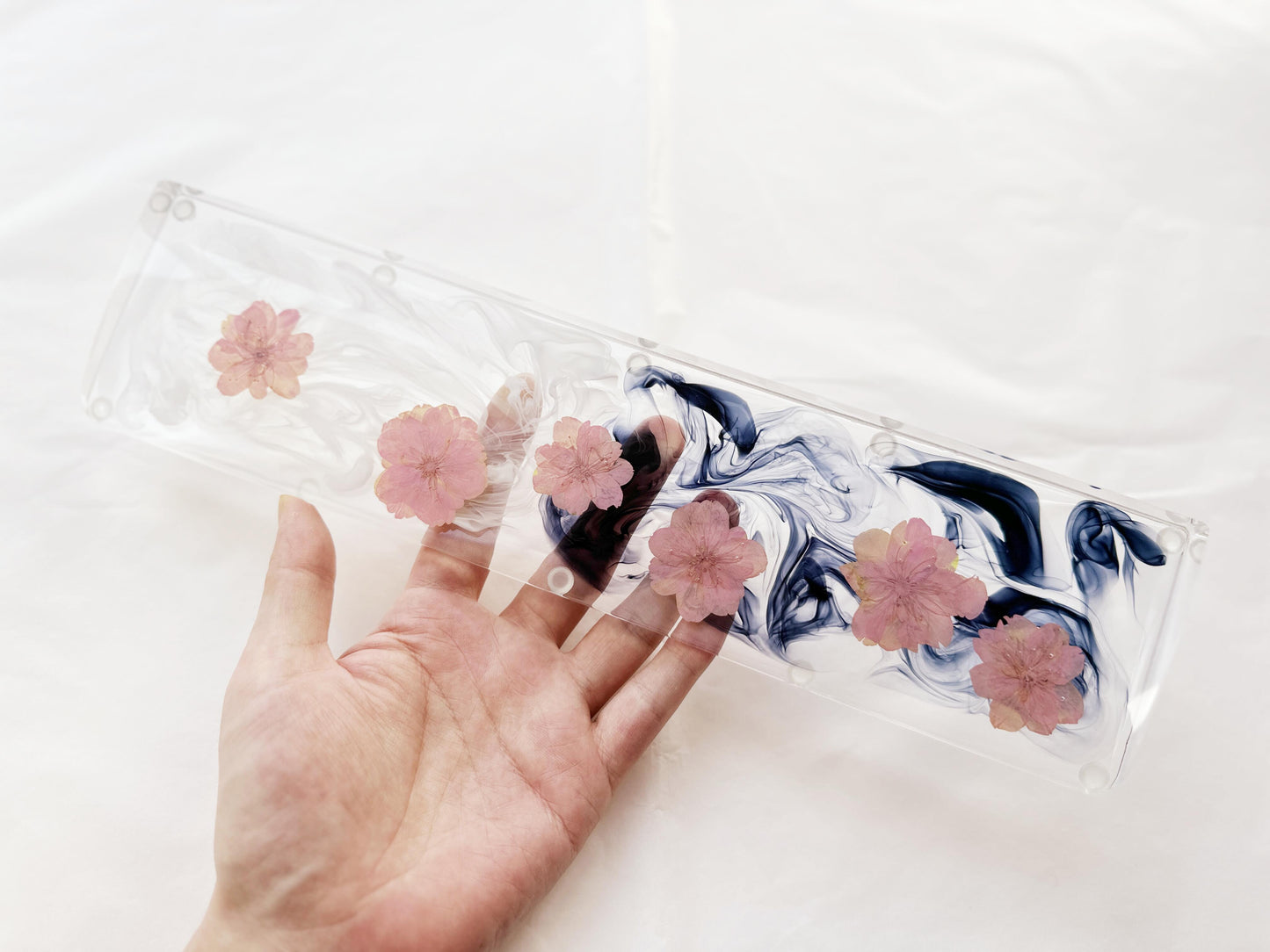 Pink Sakura Petals Wrist Rest, Artisan Clear Resin Wrist Rest, Real Dried Flower Wrist Rest, Handmade Keyboard Wrist Rest, Custom Gift. - HiJenney