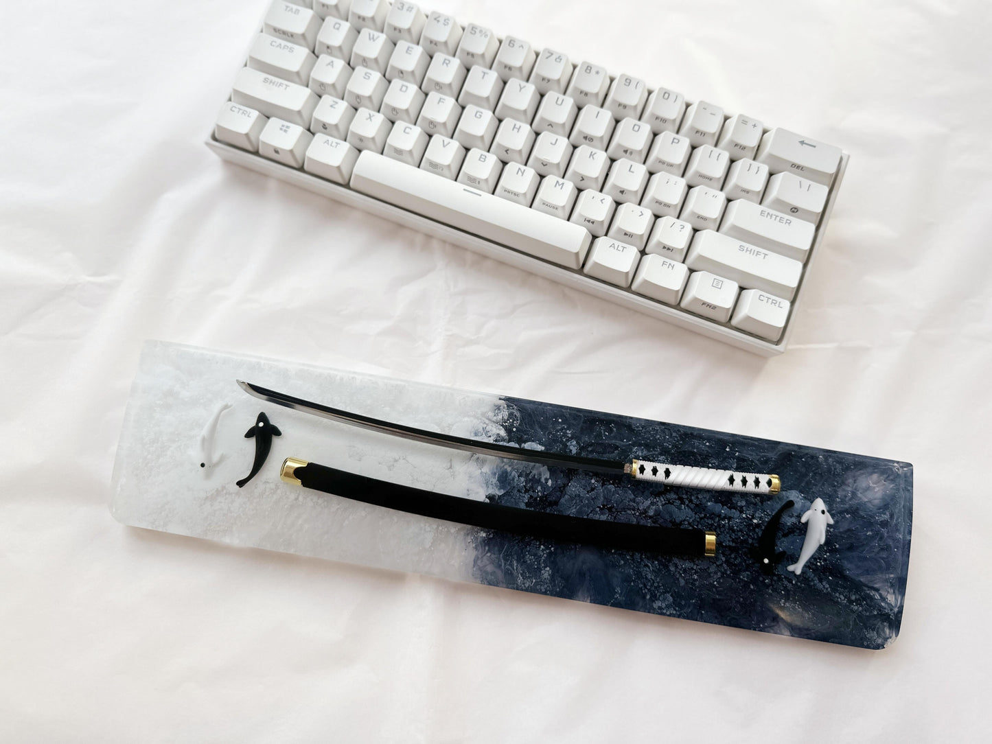 Artisan Katana Wrist Rest, Black White Resin Wrist Rest, Ink Dyeing, Tai Chi Yin Yang Koi Fish Wrist Rest, Custom Keyboard Wrist Rest. - HiJenney