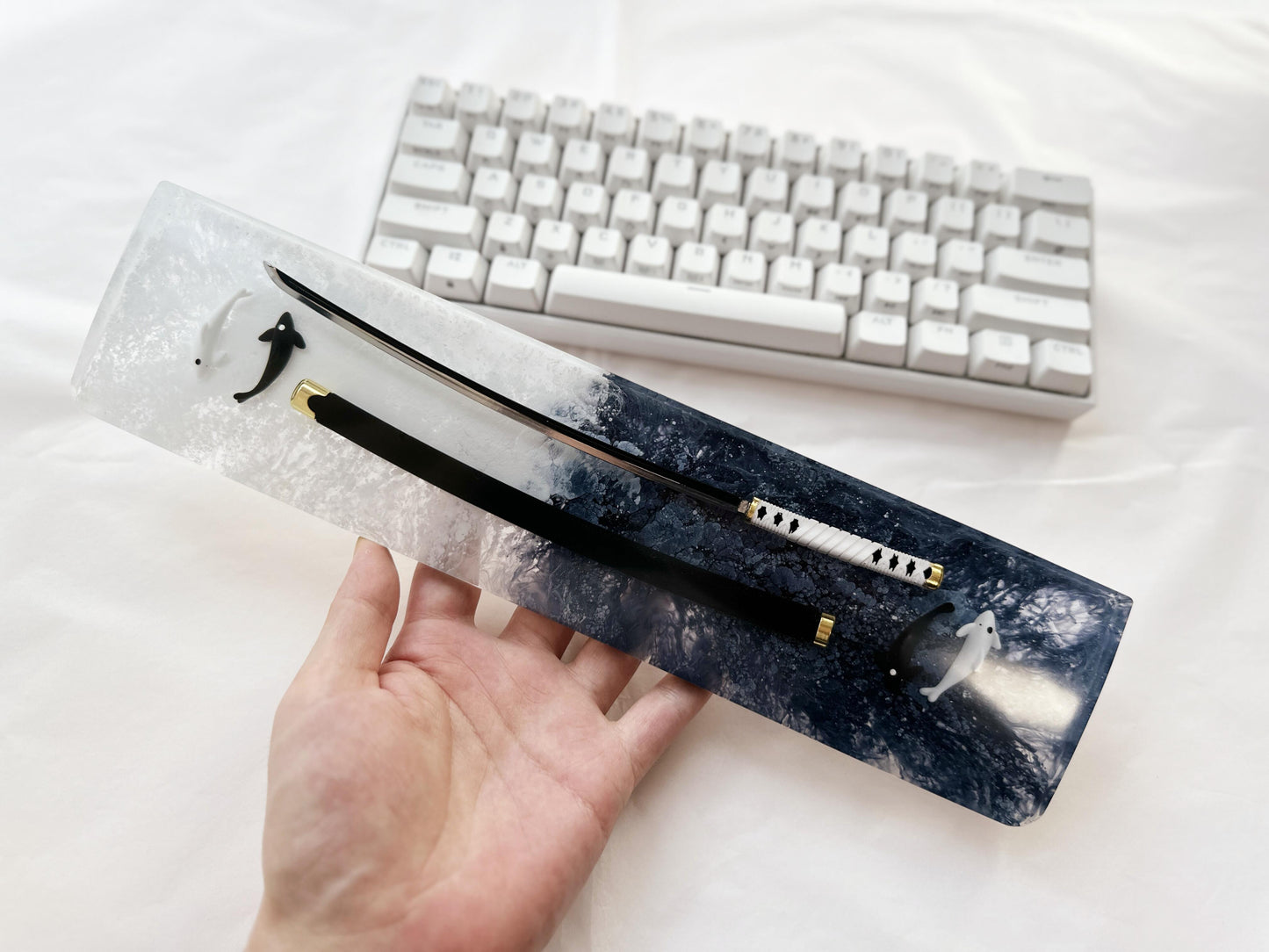 Artisan Katana Wrist Rest, Black White Resin Wrist Rest, Ink Dyeing, Tai Chi Yin Yang Koi Fish Wrist Rest, Custom Keyboard Wrist Rest. - HiJenney