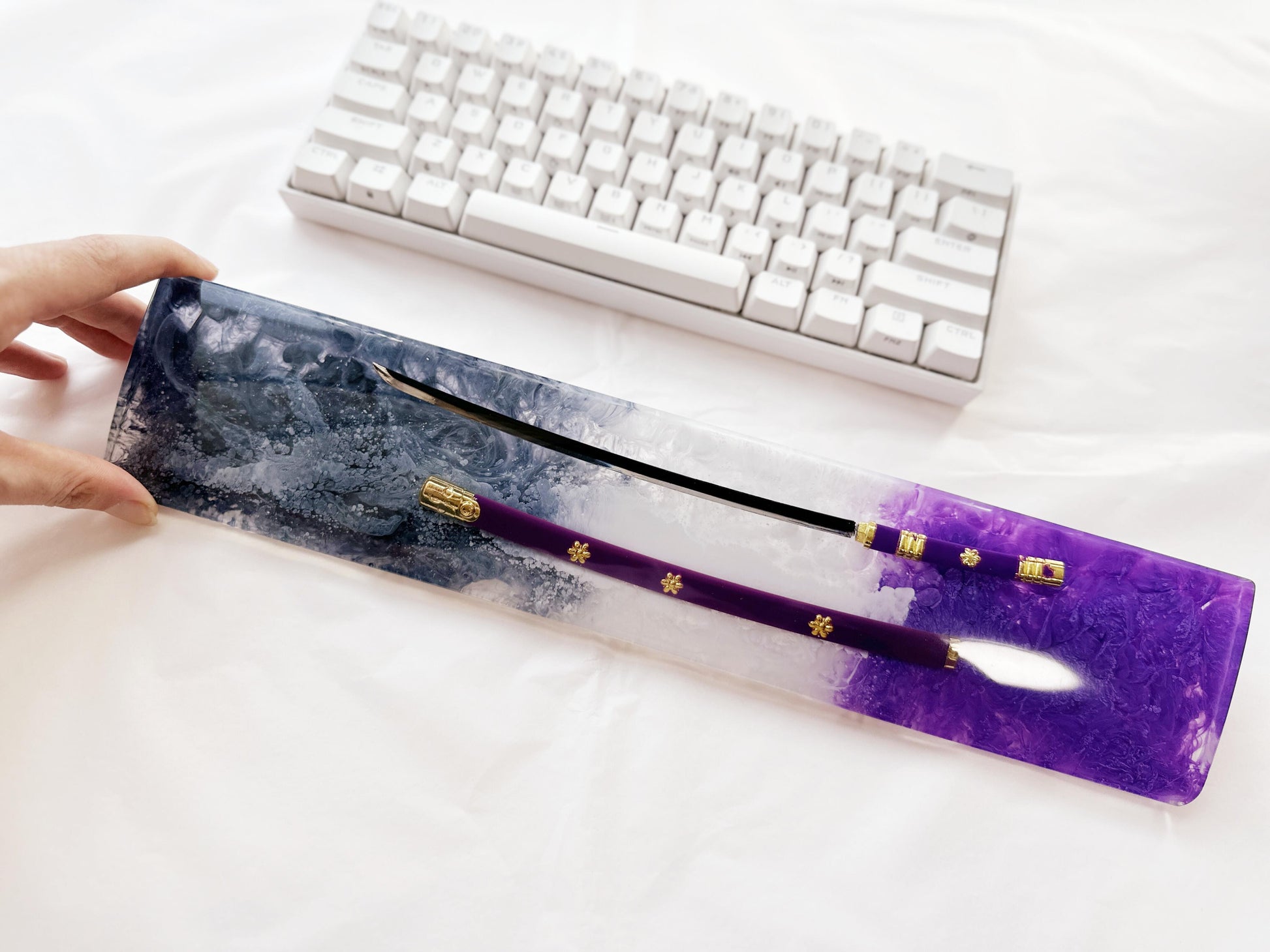 Custom Purple Katana Wrist Rest, Purple Black Artisan Resin Wrist Rest, Tai Chi Yin Yang Fish Wrist Rest, Keyboard Wrist Rest. - HiJenney