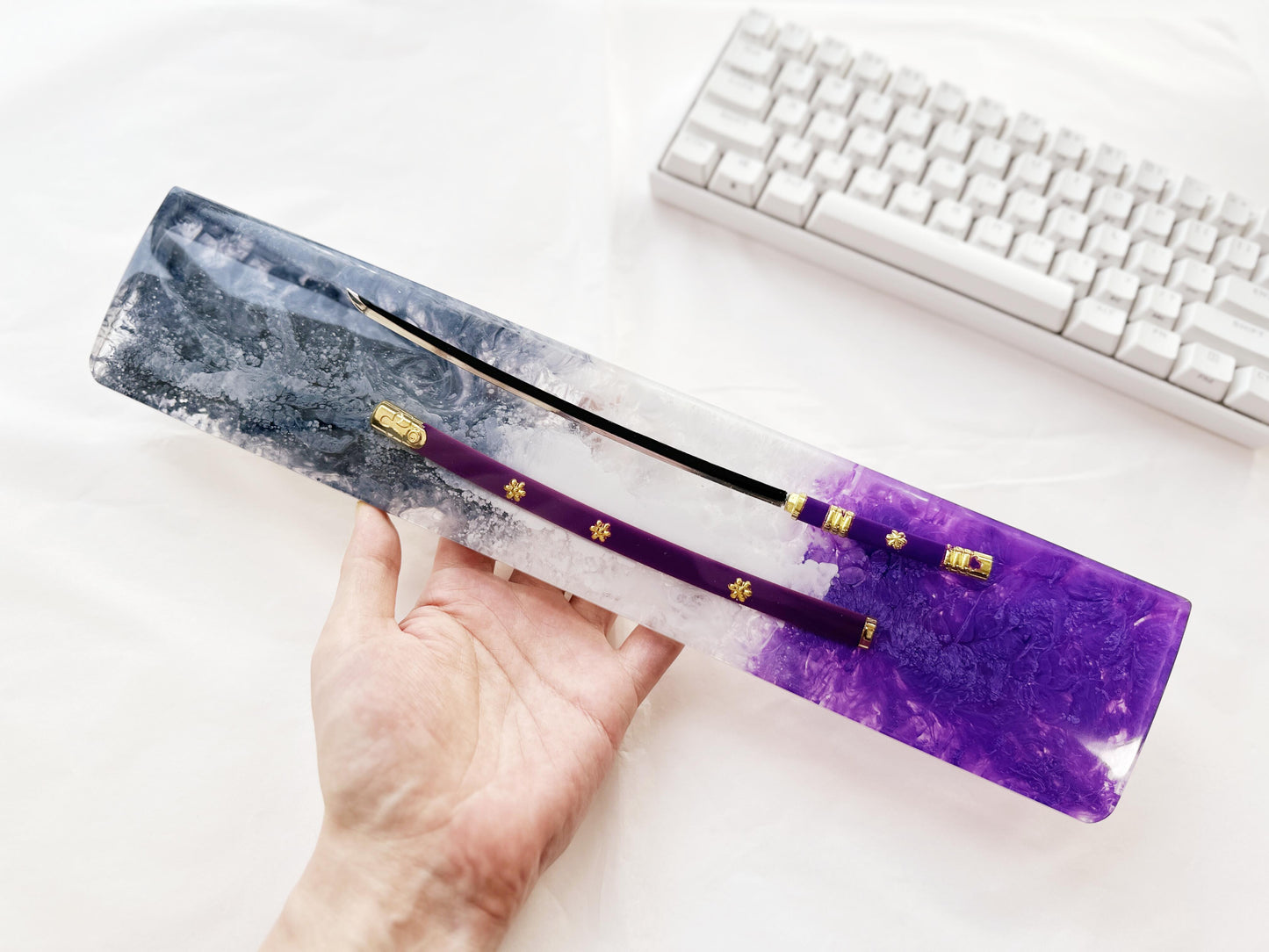 Custom Purple Katana Wrist Rest, Purple Black Artisan Resin Wrist Rest, Tai Chi Yin Yang Fish Wrist Rest, Keyboard Wrist Rest. - HiJenney