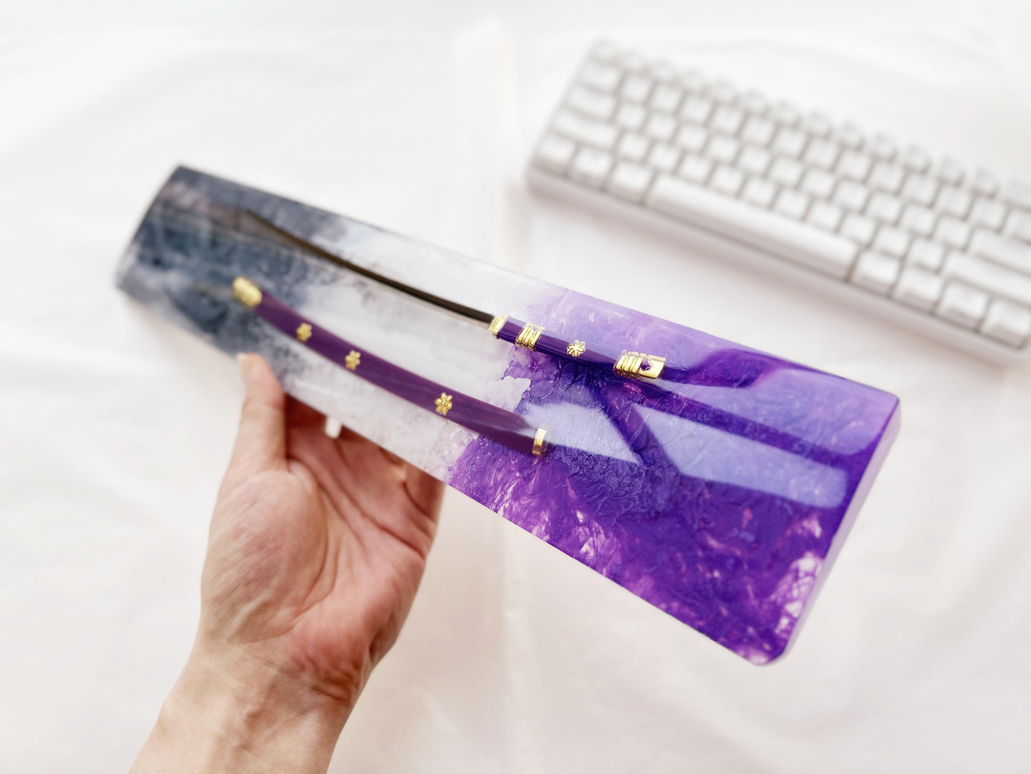 Custom Purple Katana Wrist Rest, Purple Black Artisan Resin Wrist Rest, Tai Chi Yin Yang Fish Wrist Rest, Keyboard Wrist Rest. - HiJenney