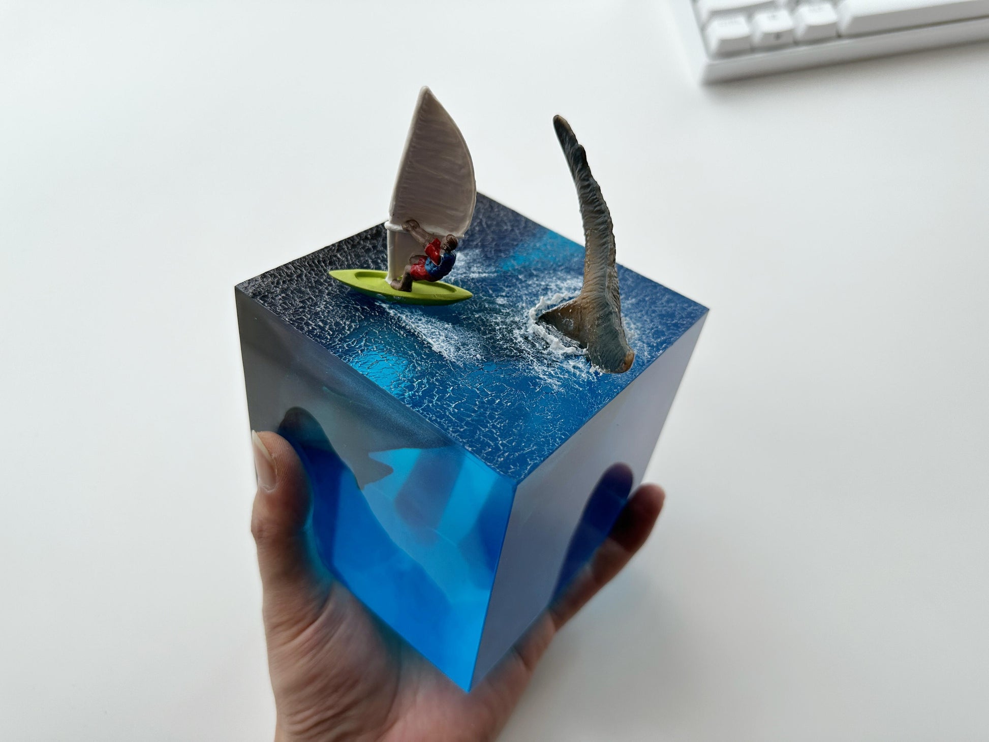 Megalodon Shark Tail Night Light Lamp, Maneater, Sailboat & Waves, Aritsan Resin Cube, Ocean Night Light, Desk Setup, Custom Gift. - HiJenney