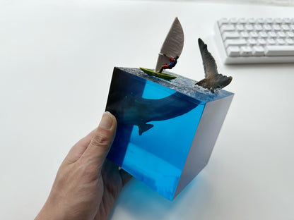 Megalodon Shark Tail Night Light Lamp, Maneater, Sailboat & Waves, Aritsan Resin Cube, Ocean Night Light, Desk Setup, Custom Gift. - HiJenney